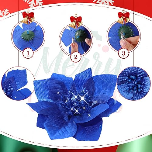 Miniatura 82 de 36 piezas de 3 tamaños de flores artificiales de Navidad con purpurina de Navidad para decoración de árbol de Navidad, Año Nuevo, decoración