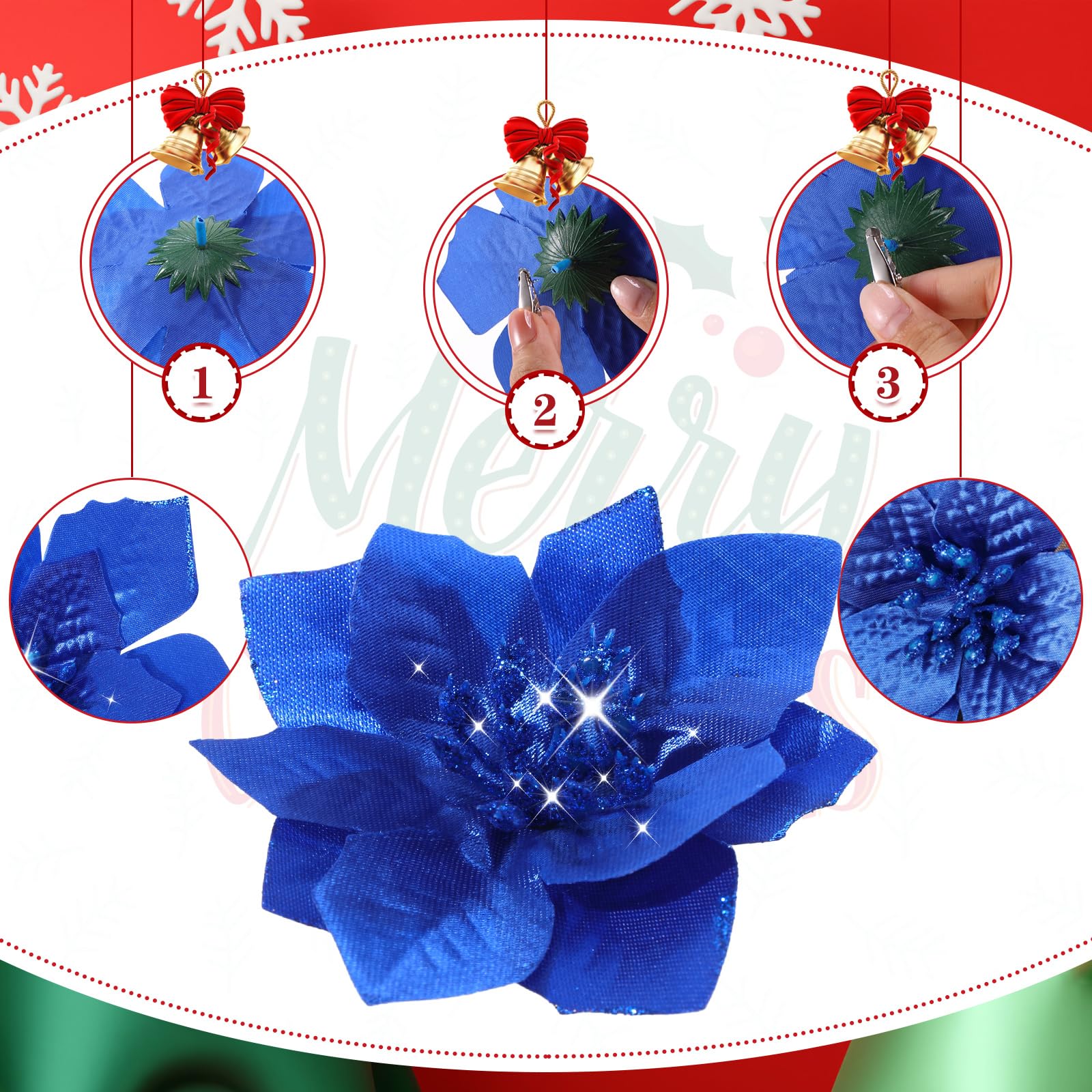 WILLBOND 24 Pieces 3 Size Christmas Glitter Poinsettia Flowers Wedding Faux Flowers Christmas Decoration Ornaments For Christmas tree New Year Home Outdoor Decoration (Royal Blue,3.2/4/6 Inches) - Image 3