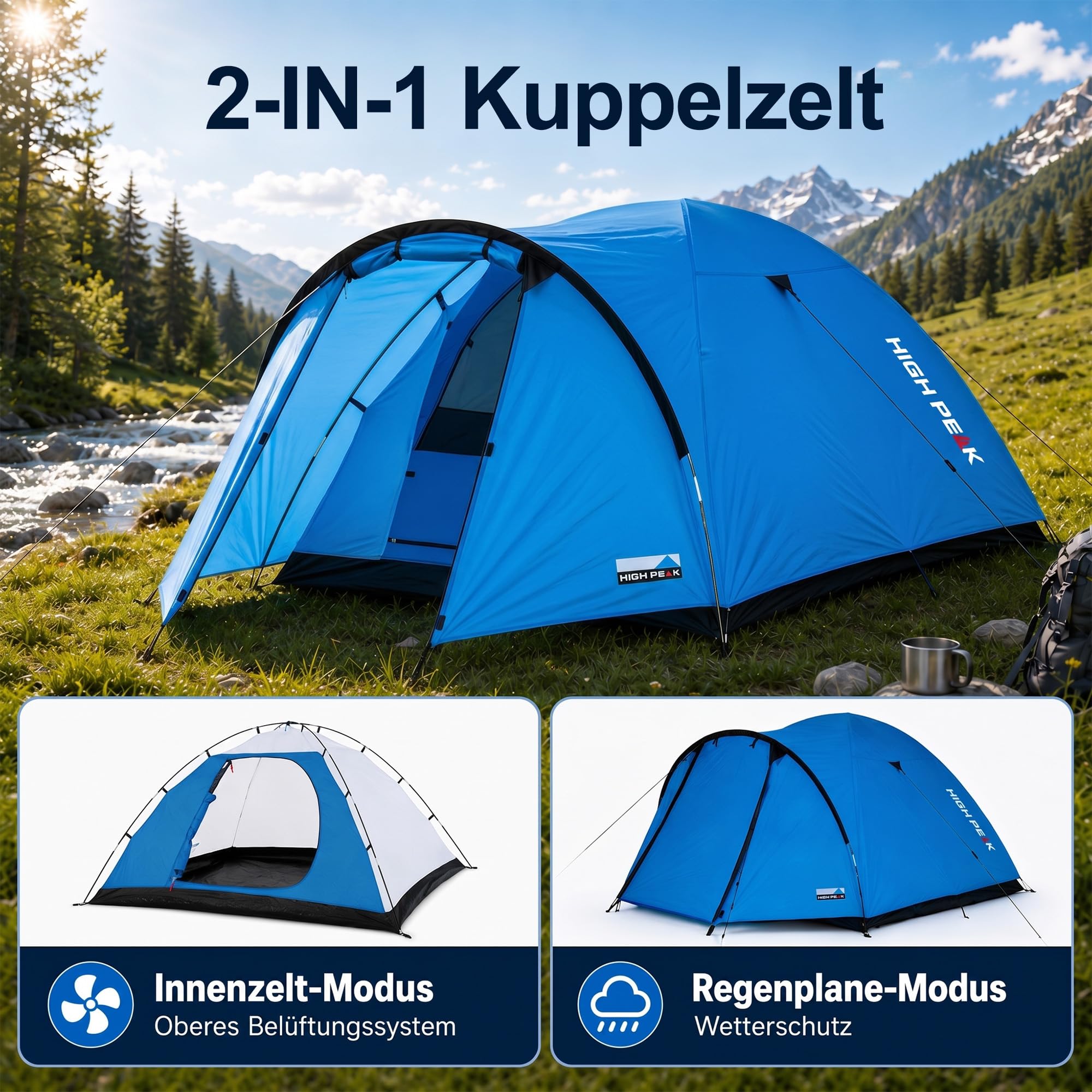 High Peak Kuppelzelt, Campingzelt mit Vorraum, 2-in-1 Innenzelt und Regenplane, PU 1500 mm, Wannenboden, Belüftung, Glasfaserstangen, kompaktes Zelt für Trekking, Festival, Reise und Outdoor-Camping