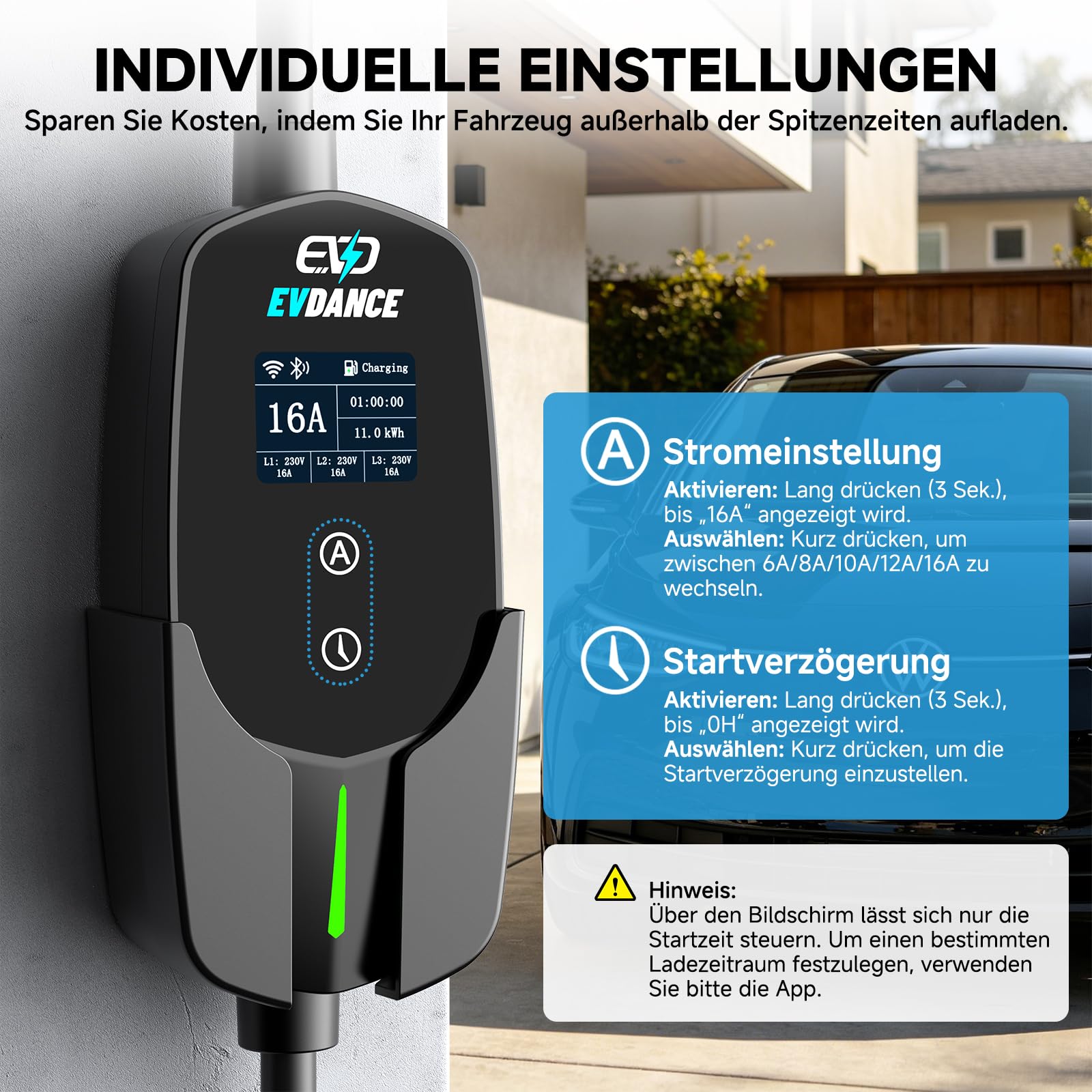 EVDANCE Mobile Wallbox 11kW mit App, 400V (6-16A) 3 phasig 7,8M Mobile Ladestation CEE Typ 2 Ladekabel IP66 mit Einstellbarer Ladeleistung, EV-Charger für Elektroauto & Hybrid(PHEV/EV)