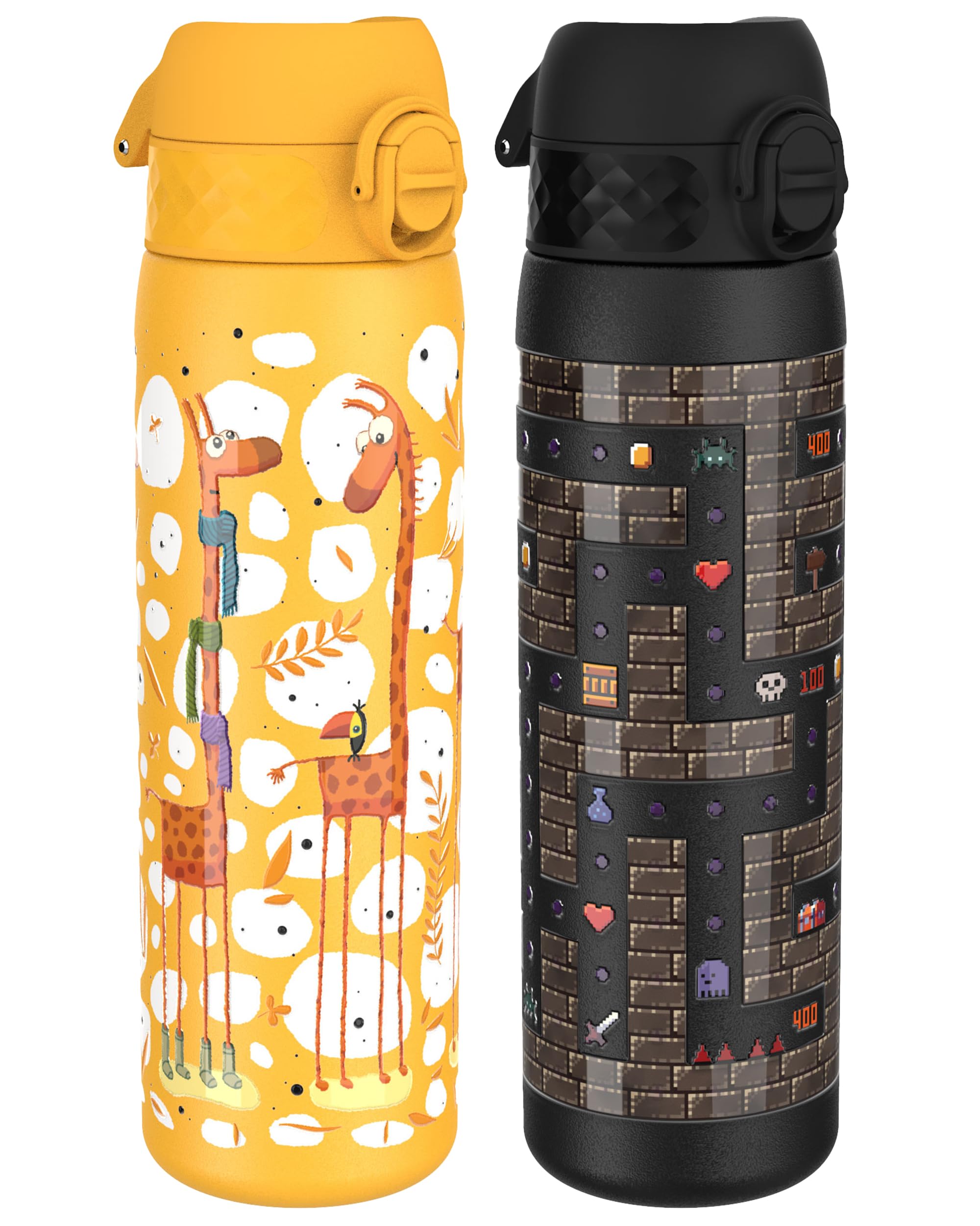 Ion8 Trinkflasche aus Stahl, auslaufsicher, Ein-Finger offen, spülmaschinenfest, Klappdeckel, passend für Getränkehalter, auslaufsicher, Tragegriff, langlebig, erhöhter 3D-Druck, schwarz,