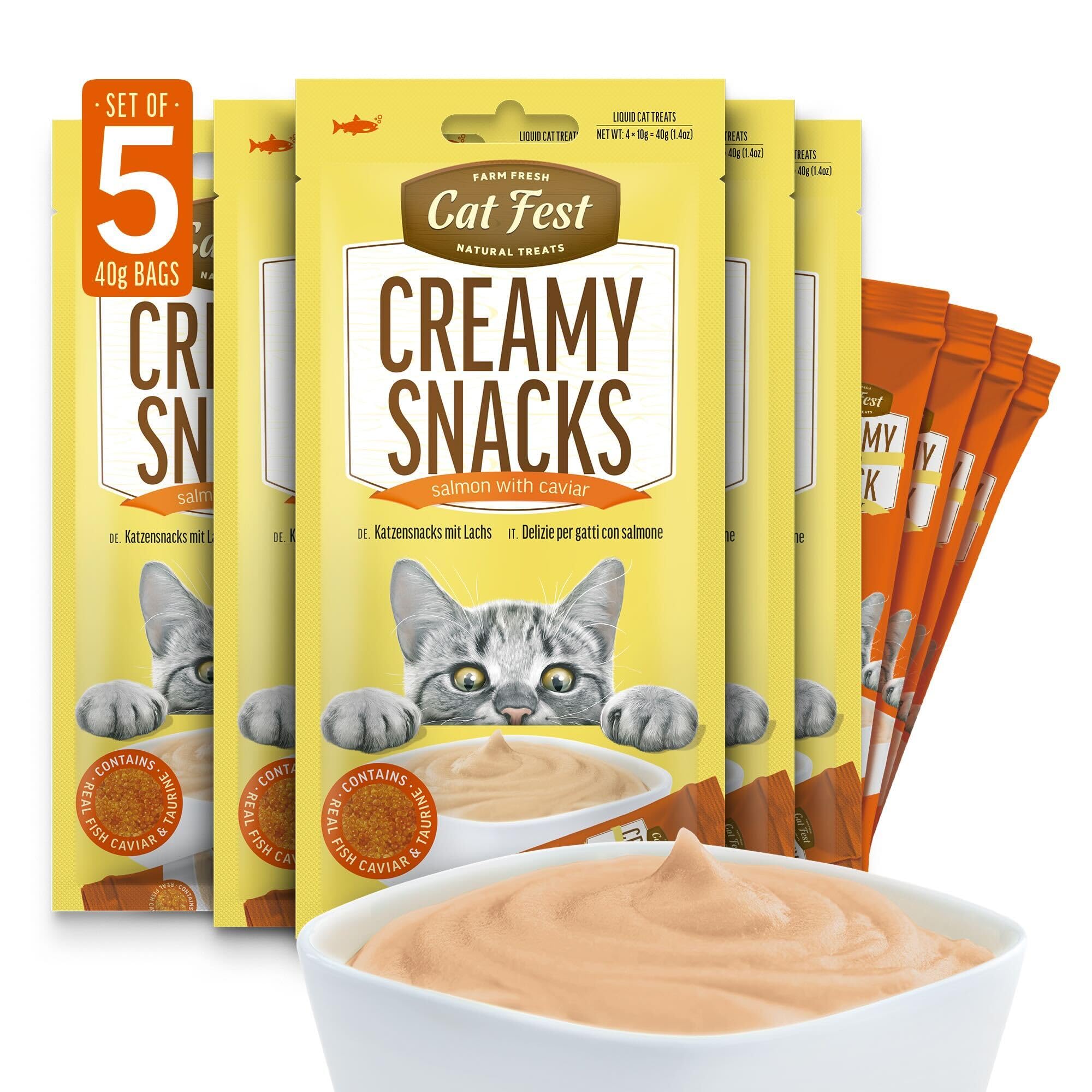 Cat Fest Creamy Snacks Salmon with Caviar, 100% Natural Lickable Cat & Kitten Treats (Cat Snacks), Enriched with Taurine & Vitamin E, 20 x 10g