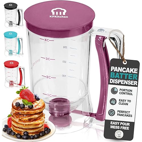 Pancake Batter Dispenser - Kitchen Must Have Tool for Perfect Pancakes, Cupcake, Waffle, Muffin Mix, Cake & Crepe - Easy Pour Baking Supplies for Griddle - Pancake Maker with Measuring Label (Purple)