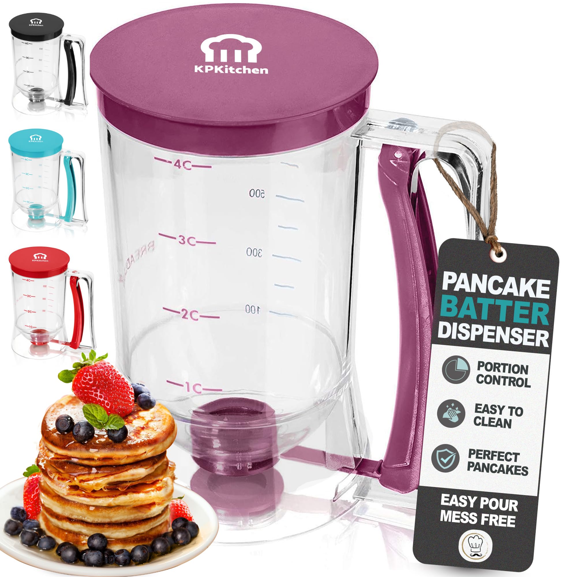 KPKitchen Pancake Batter Dispenser - Kitchen Must Have Tool for Perfect Pancakes, Cupcake, Waffle, Muffin Mix, Cake & Crepe - Baking Supplies for Griddle - Pancake Maker with Measuring Label (Purple)