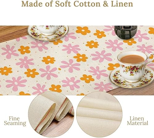 Miniatura 6 de Camino de mesa de flores rosas y naranjas, retro de los años 70, hippie Groovy Daisy estampado floral para mesa de comedor, decoración de fiestas,