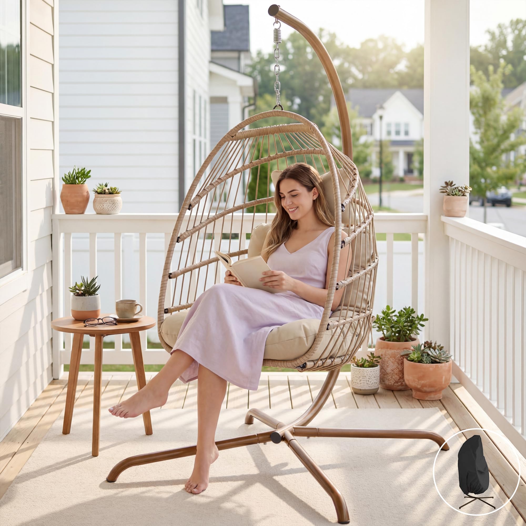 NICESOUL Egg Chair with Stand Indoor Outdoor, All-Weather Hanging Hammock Chairs with Cushion, 350Lbs Durable Wicker Egg Shell Swing Chair for Bedroom