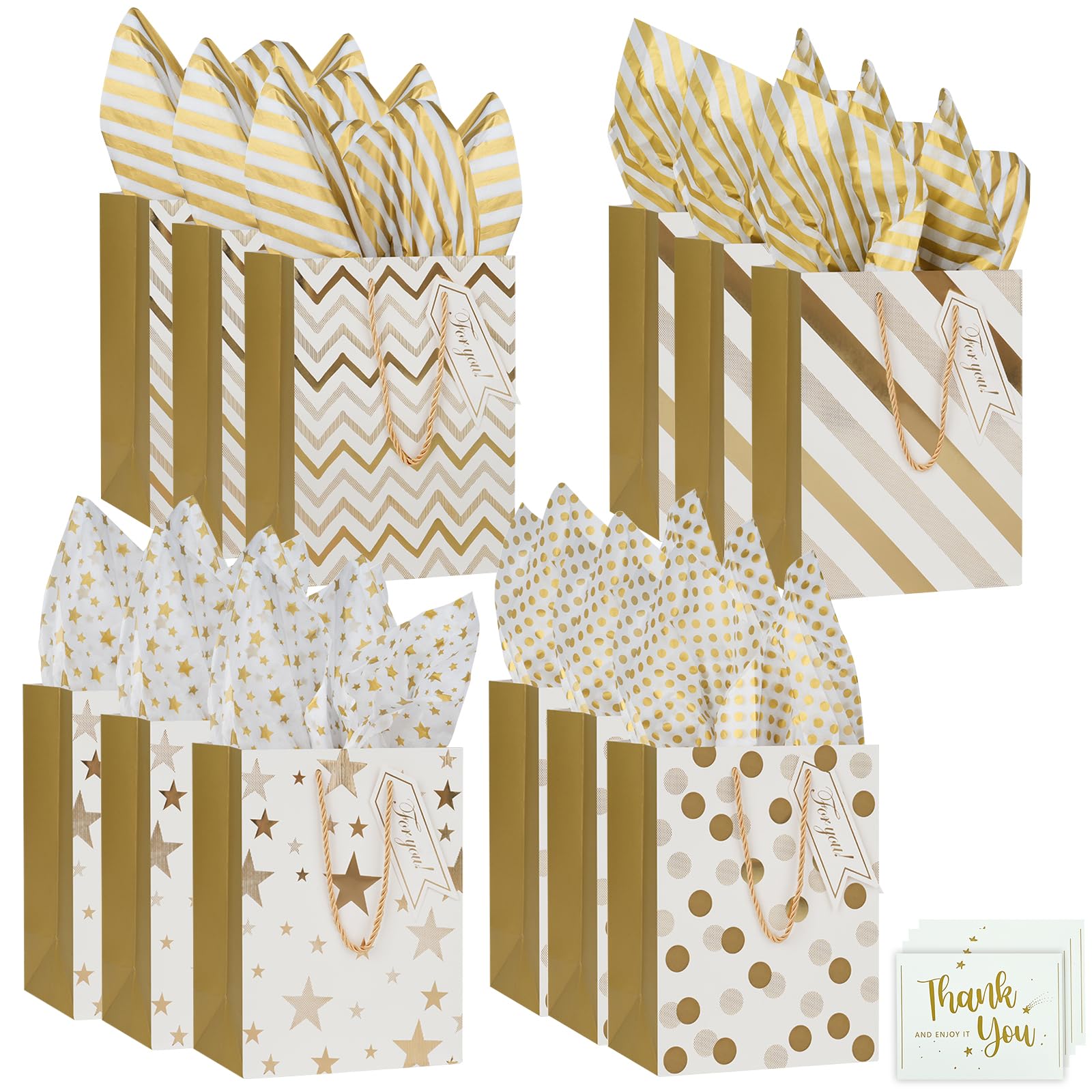 TACHIO 12Pcs Gift Bags, Paper Gift Bag with 12 tissue papers and 12 cards, Birthday Gift Bag for Presents, Weddings, Festival Celebration, Showers, Boutiques, 10.24 x 3.94 x 12.6 inches