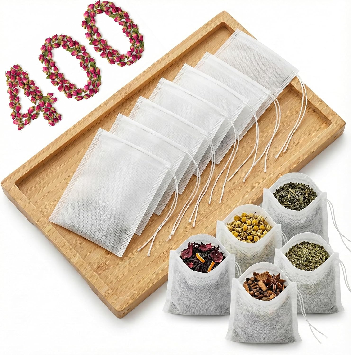 400 Disposable Tea Bags with Drawstrings, 3.54 x 2.75 Inch Empty Filters