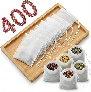 400 Disposable Tea Bags with Drawstrings, 3.54 x 2.75 Inch Empty Filters | Fill with loose tea, coffee grounds, herbs or spices for steeping, cooking, baking and homemade sachets
