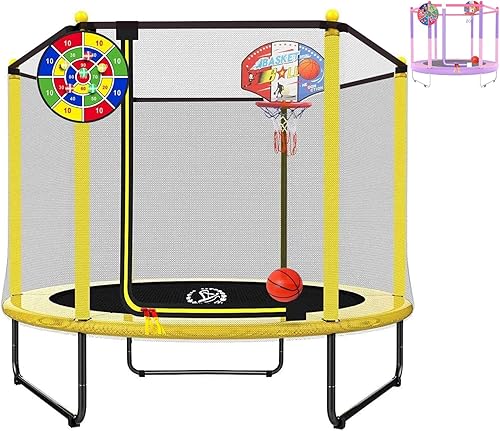 LANGXUN Trampolín de 60 pulgadas para niños mini trampolín de 5 pies para interiores y exteriores con red aro de baloncesto y tabla de dardos