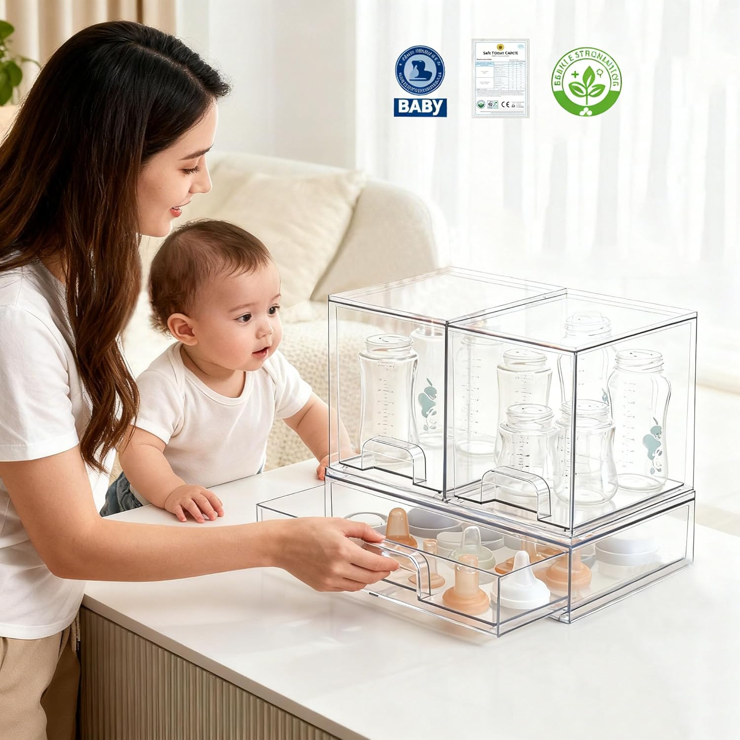 Baby Bottle Storage Organizer - Acrylic Storage Containers, Clear Stackable Drawer Baby Bottle Station Organizer for Countertop Cabinet, BPA-Free, Lead-Free (1 Wide+2 High, Clear)