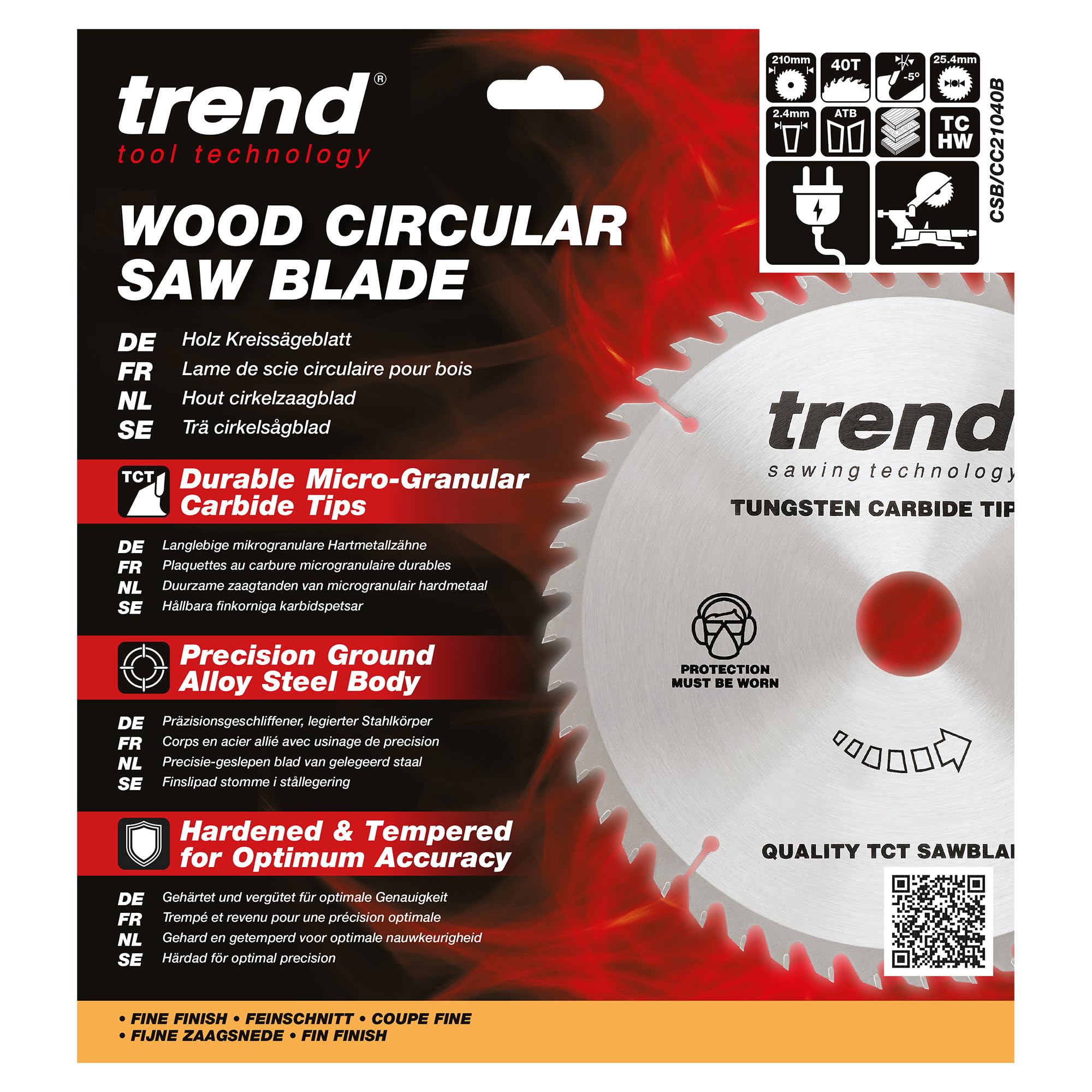 Trend Lame de scie à onglets Wood, diamètre 210 mm, alésage 25,40 mm, 40 dents, trait de scie 2,4 mm, crochet -5°, TCT, finition fine, CSB/CC21040B