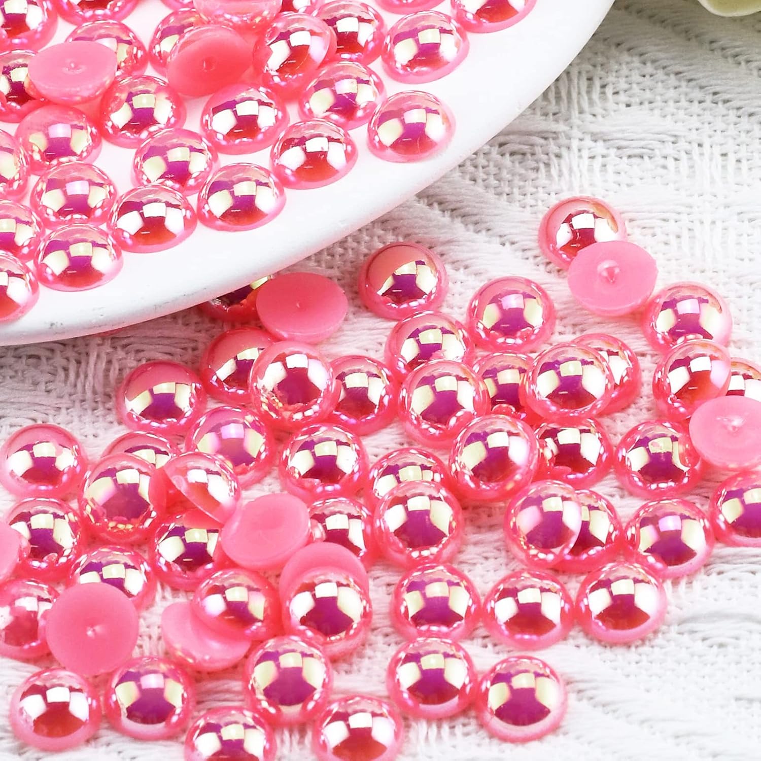 300PCS 10mm Flatback Half Pearls for Crafts Crocs Scrapbooking Embellishement, Flatback Pearls Gems for Shoes Cups Jewelry, Imitation Loose Pearl Beads (Pink AB)