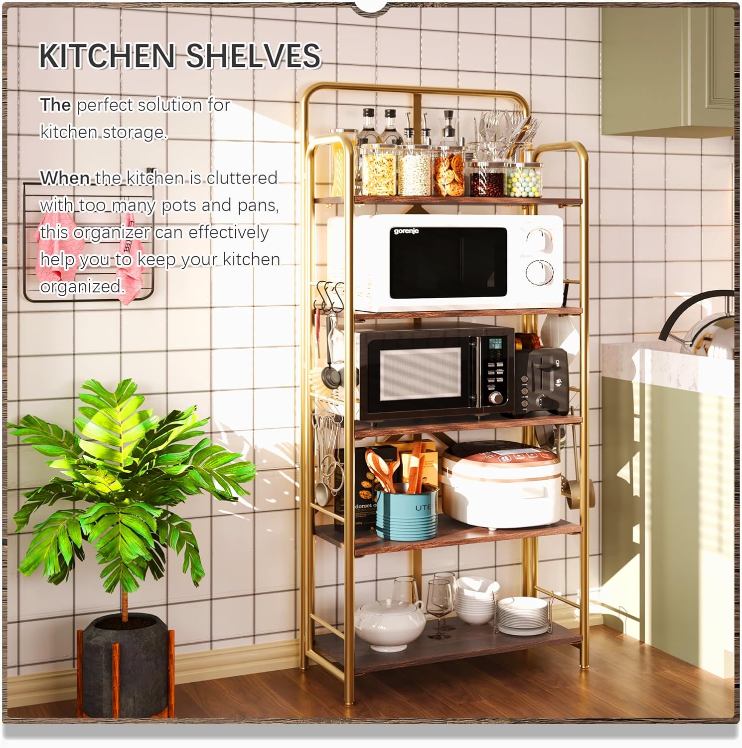 4NM No Assembly Folding Bookshelf, 5 Tiers Collapsible Book Shelves Open Industrial Foldable Storage Bookcase Shelf for Bedroom, Living Room, Home Office - Brown and Gold - Image 4