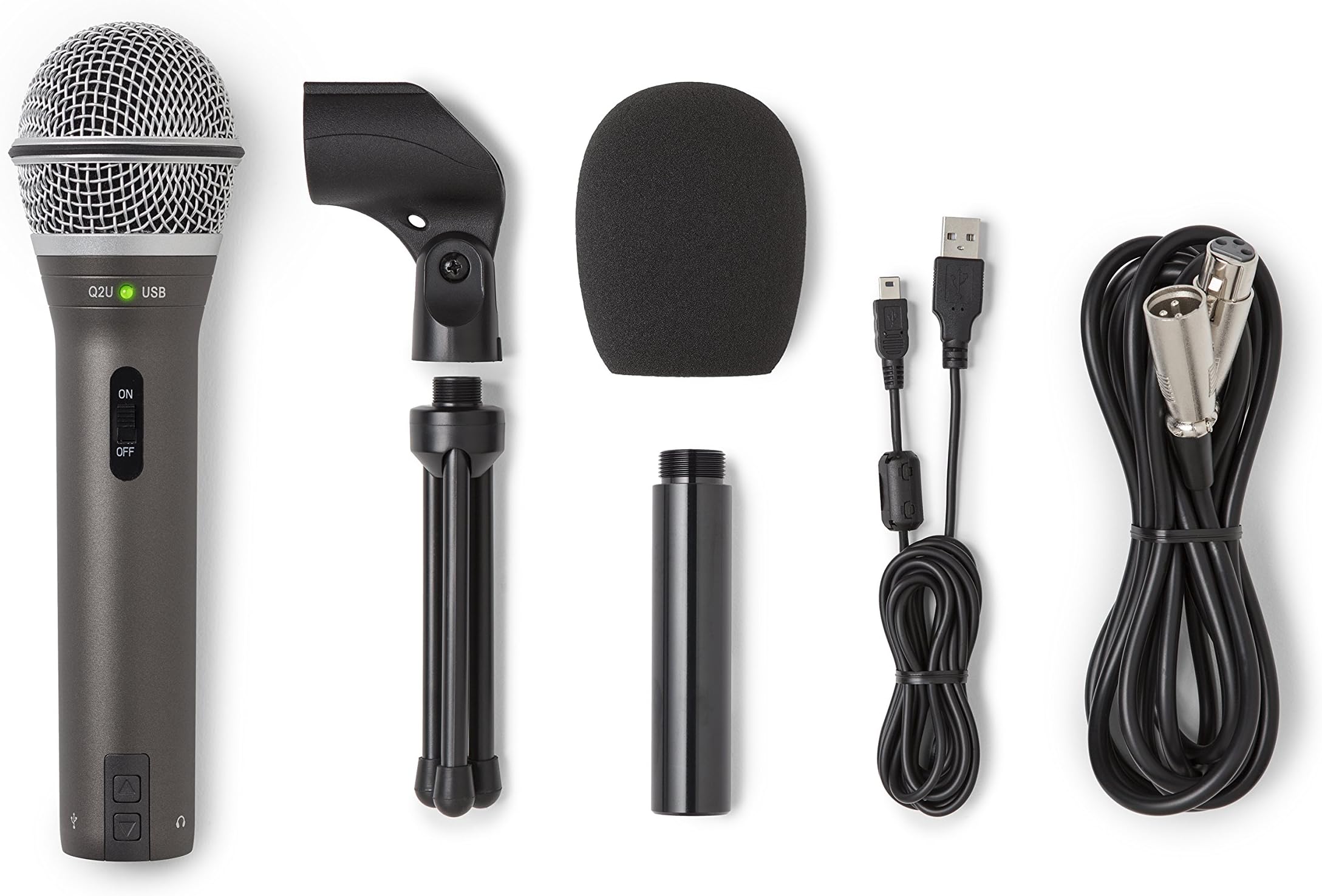 - Technologies Q2U USB/XLR Dynamic Microphone Recording and Podcasting Pack (Includes Mic Clip, Desktop Stand, Windscreen and Cables), Silver