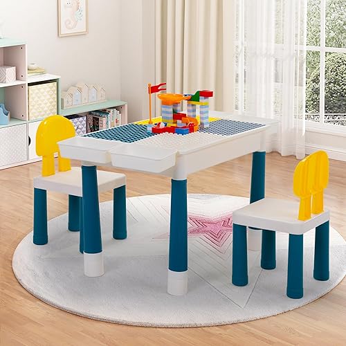 Miniatura 7 de Sandinrayli Juego de mesa de actividades 7 en 1 para niños con 2 sillas y 100 bloques | Mesa de juego de agua/arena para niños pequeños de 3 a 6