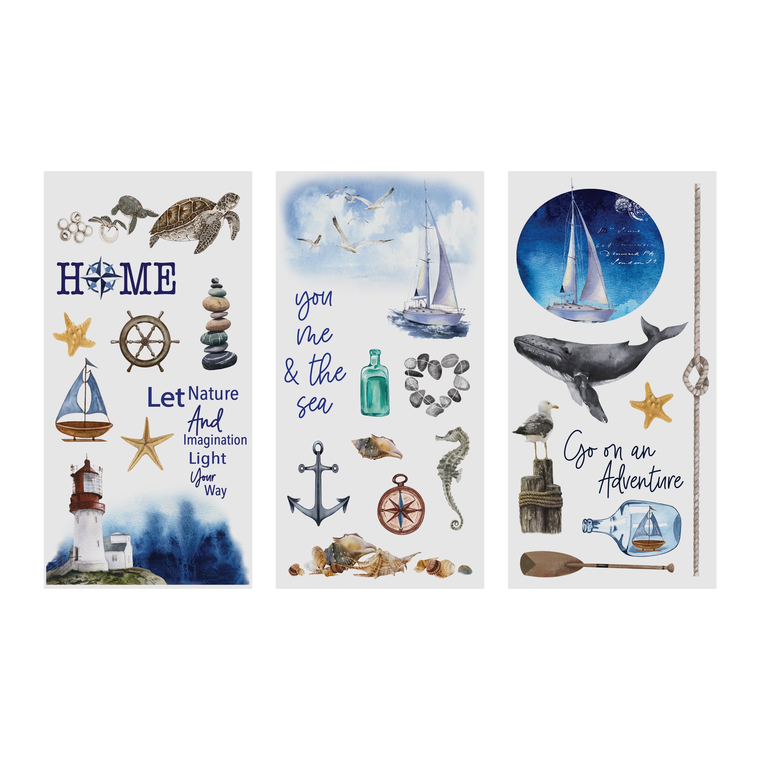 Rub on Transfers for Crafts and Furniture, Nautical (blue, white, red) and multicolored flowers, 6 inches x 12 inches