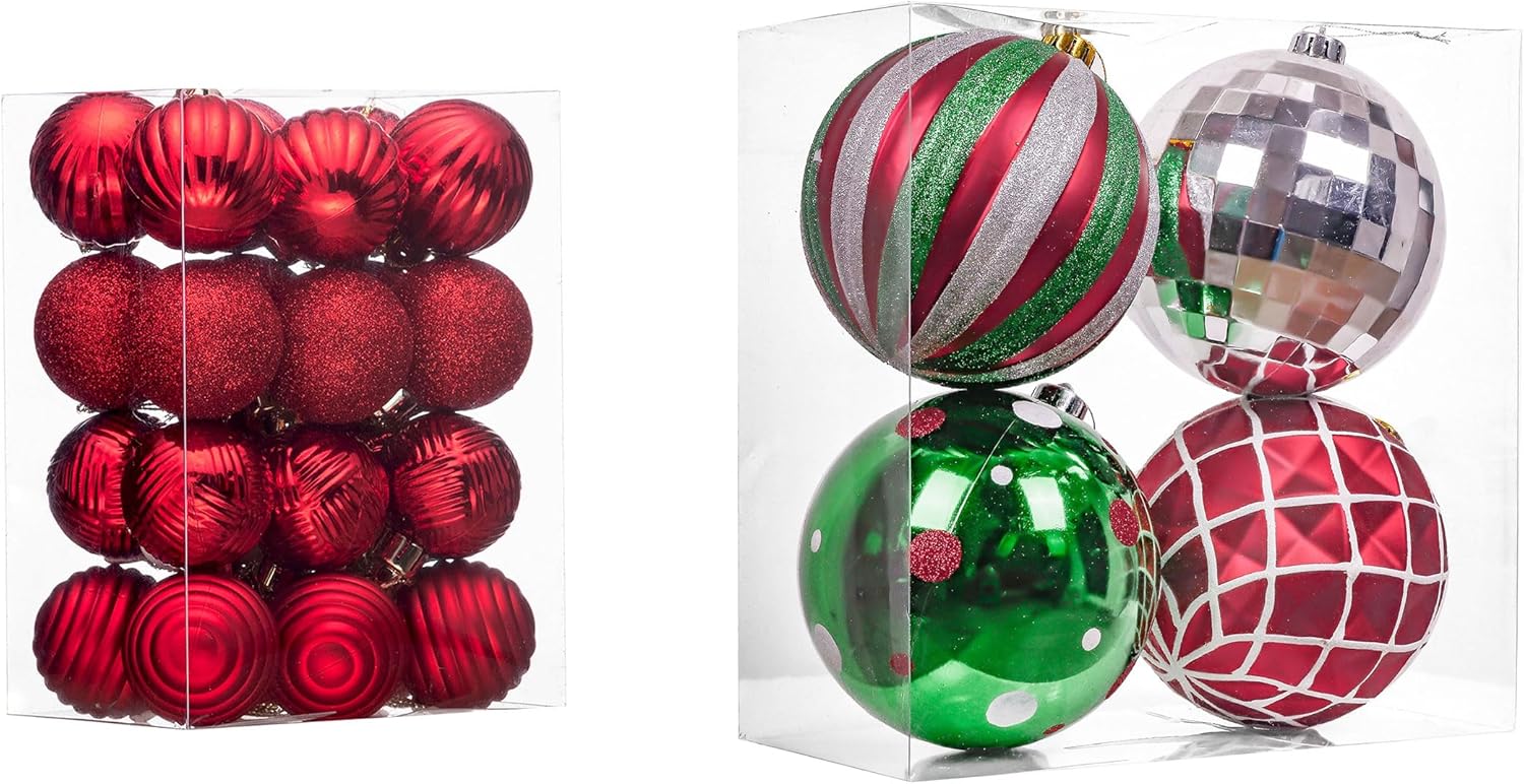 Valery Madelyn Christmas Ornaments Value Bundle(2 Items), 24ct & 4ct Red Green White Shatterproof Christmas Ball Ornaments Set, Decorative Hanging Ornament Bulk for Xmas Holiday Party Decor