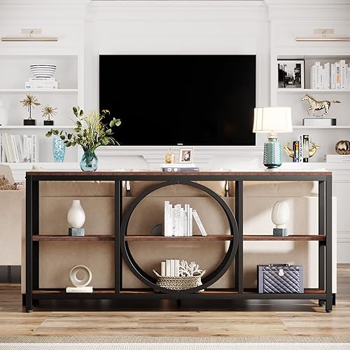 Miniatura 4 de LITTLE TREE Mesa de consola, extra larga de 70.9 pulgadas, estrechas mesas de sofá con estantes de almacenamiento de madera de 3 niveles, marco de