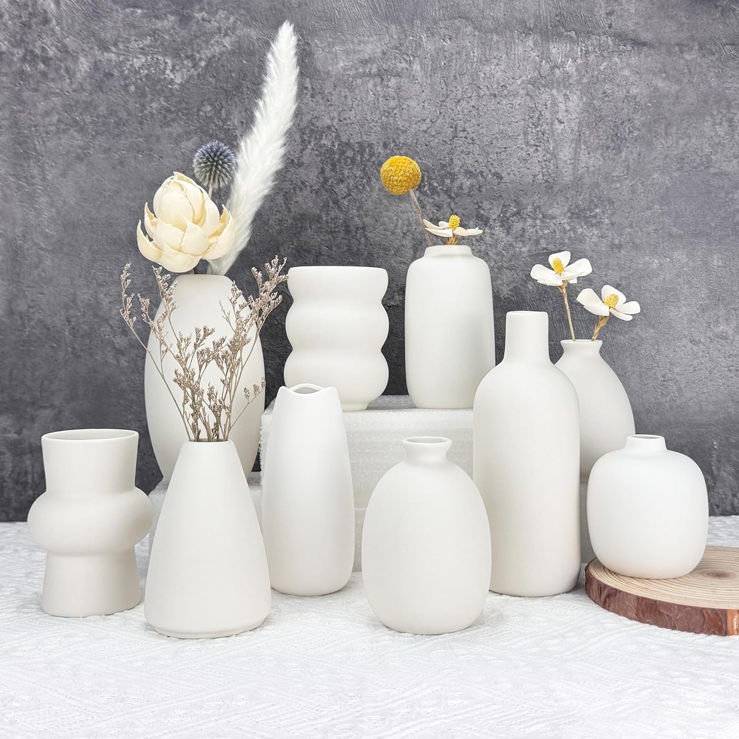 White Ceramic Vase Set of 10, Small Ceramic Flower Vases Bulk Bud Vases for Wedding Table Centerpieces Decor Pampas Grass Modern Boho Home Party Decor DIY Gift White-10
