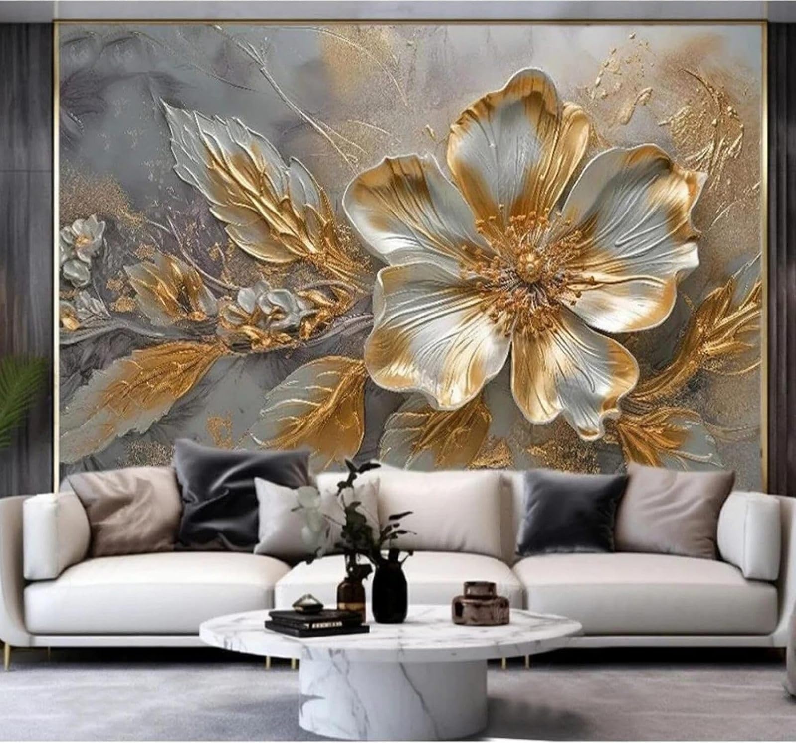 Xlming 250Cm×170Cm(B×H) Creative Relief Contemporary Luxury Gold Floral Art 3D Wallpaper Luxury Silk Study Dining Feature Sofa Grey Bedroom Living Room Tv Decorative Wall-250Cm×170Cm
