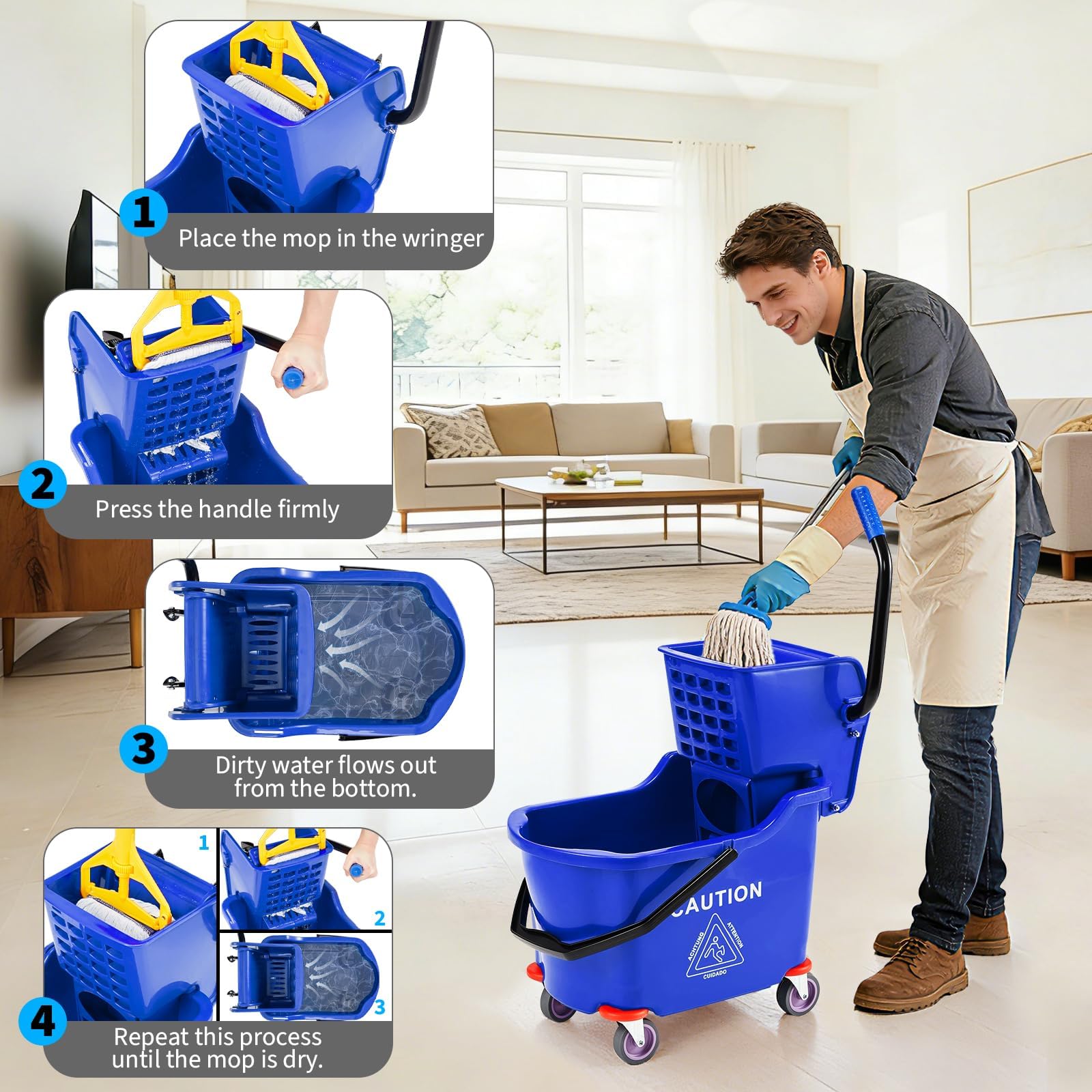 Industrielles Kentucky Mopp Set – 32L/33L Doppel-Eimer & Presse, Profi Wischwagen auf Rollen – Robuster Metall Moppeimer für Gewerbe, Lager, Hotel, Schule, Haushalt – Effiziente