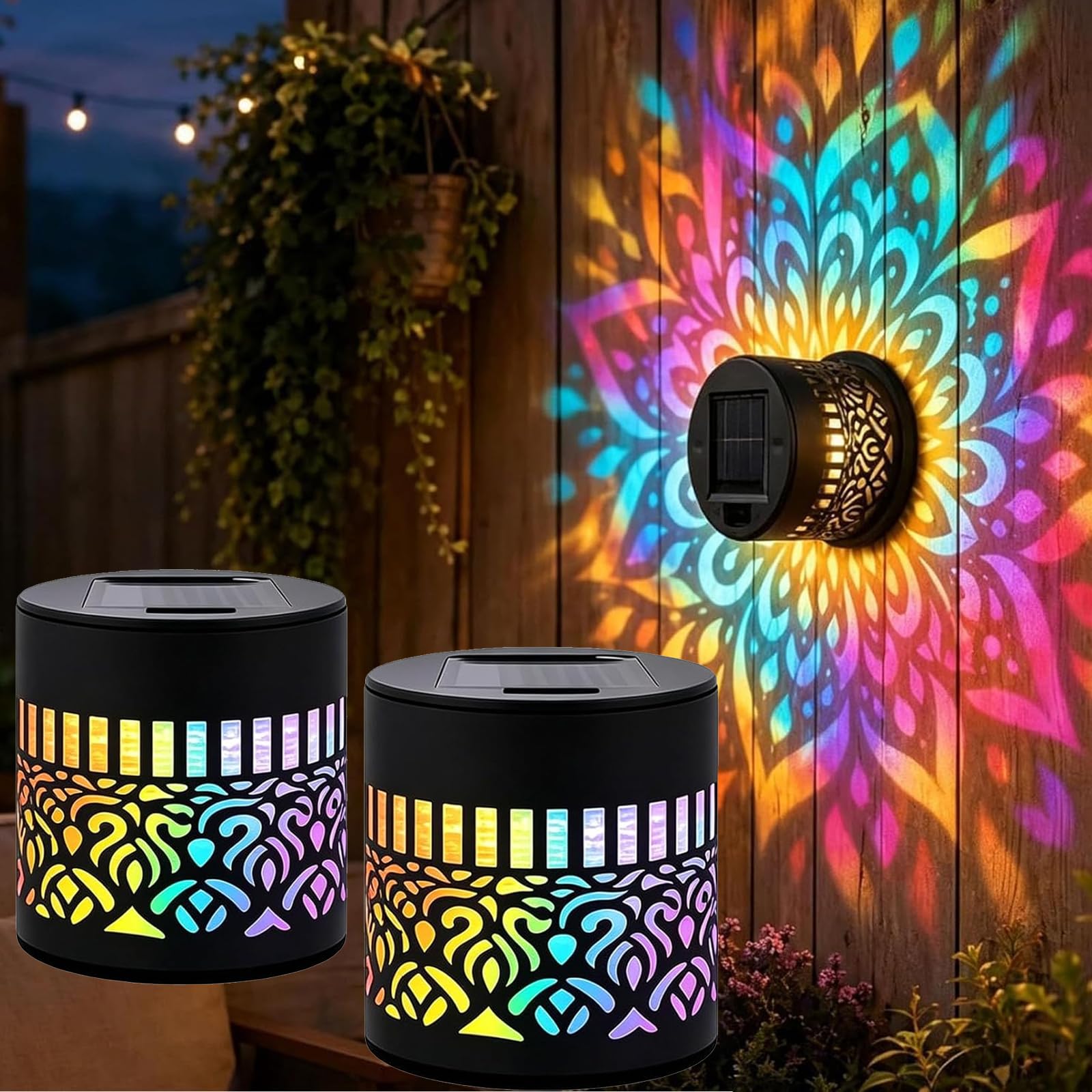 Solar Mandala Wall Lights Seven-Color Changing, Ip65 Waterproof Auto Mandala Solar Fence Lights, Decorative Outdoor Garden Fence Projector Lamp ，Colorful Light：2PCS