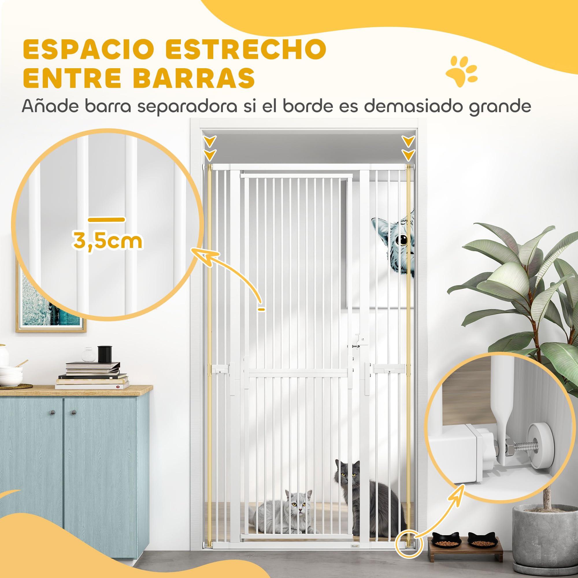PawHut Barrera de Seguridad para Perros y Gatos Extra Alta 180 cm, Barrera para Perros Extensible 77-104 cm, Separación 3,5 cm, para Puertas y Escaleras, con Montaje a Presión, 2 Extensiones, Blanco