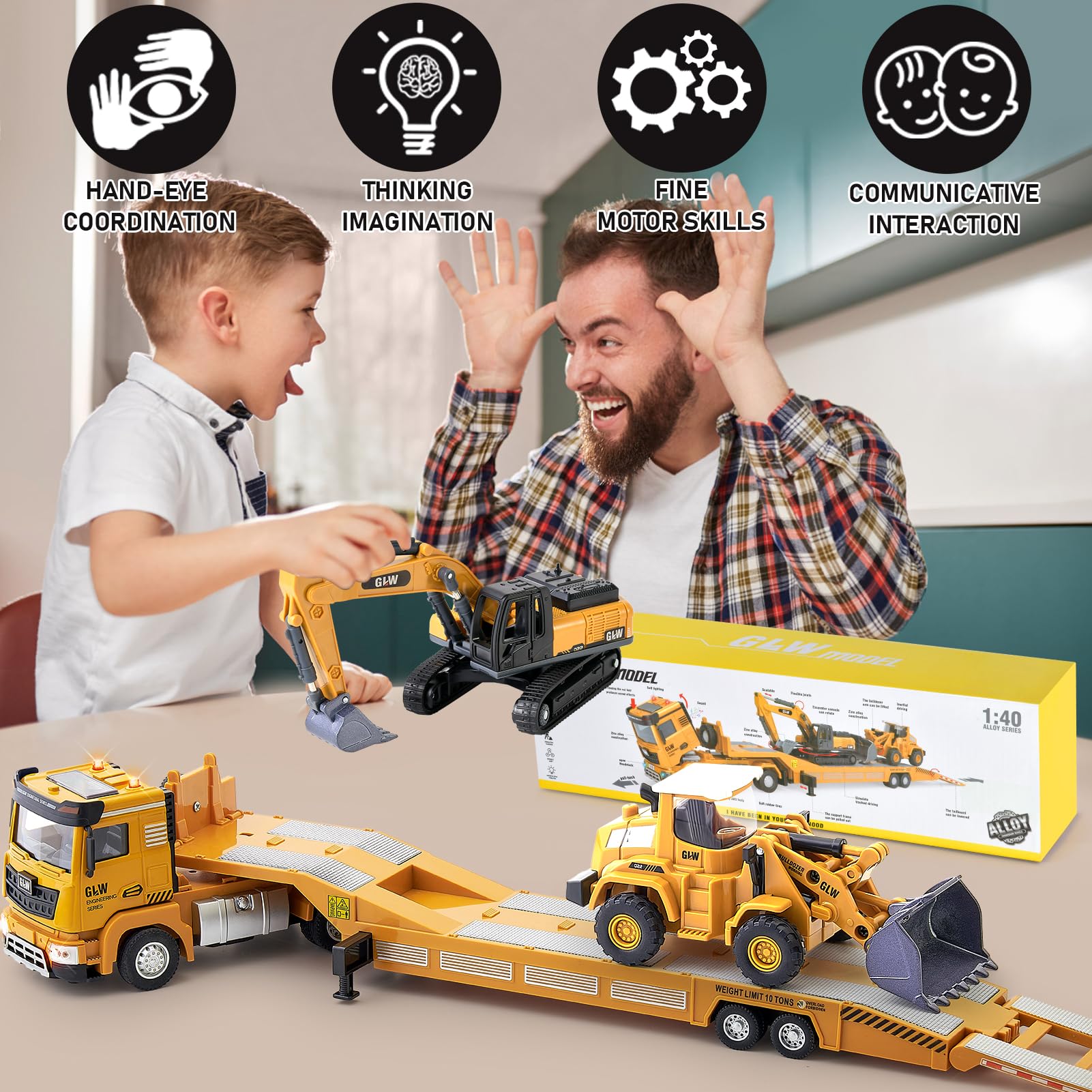 G.C Baufahrzeuge Kinder 1: 40 LKW Spielzeug mit Bagger Bulldozer, Langes Baustellenfahrzeuge Autotransporter Lastwagen mit Licht und Sound Kinder Spielzeug Geschenk für Junge 3 4 5 6 Jahre