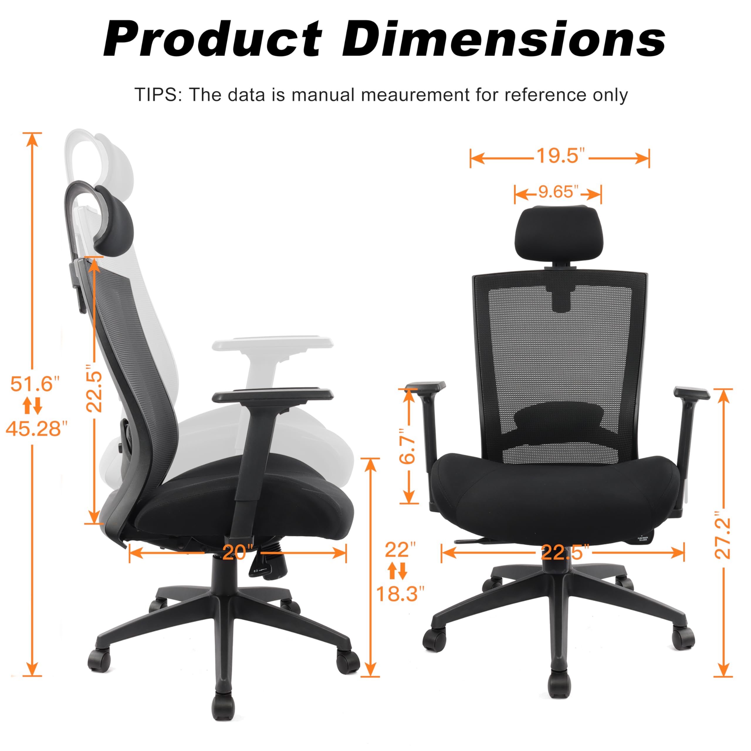 Ergonomische bureaustoel voor grote en lange mensen, 180 kg computerbureaustoel met verstelbare 2D-hoofdsteun, lendensteun en 2D-armleuningen, 5 inch dik schuimkussen, rolstoel van gaas voor werk en