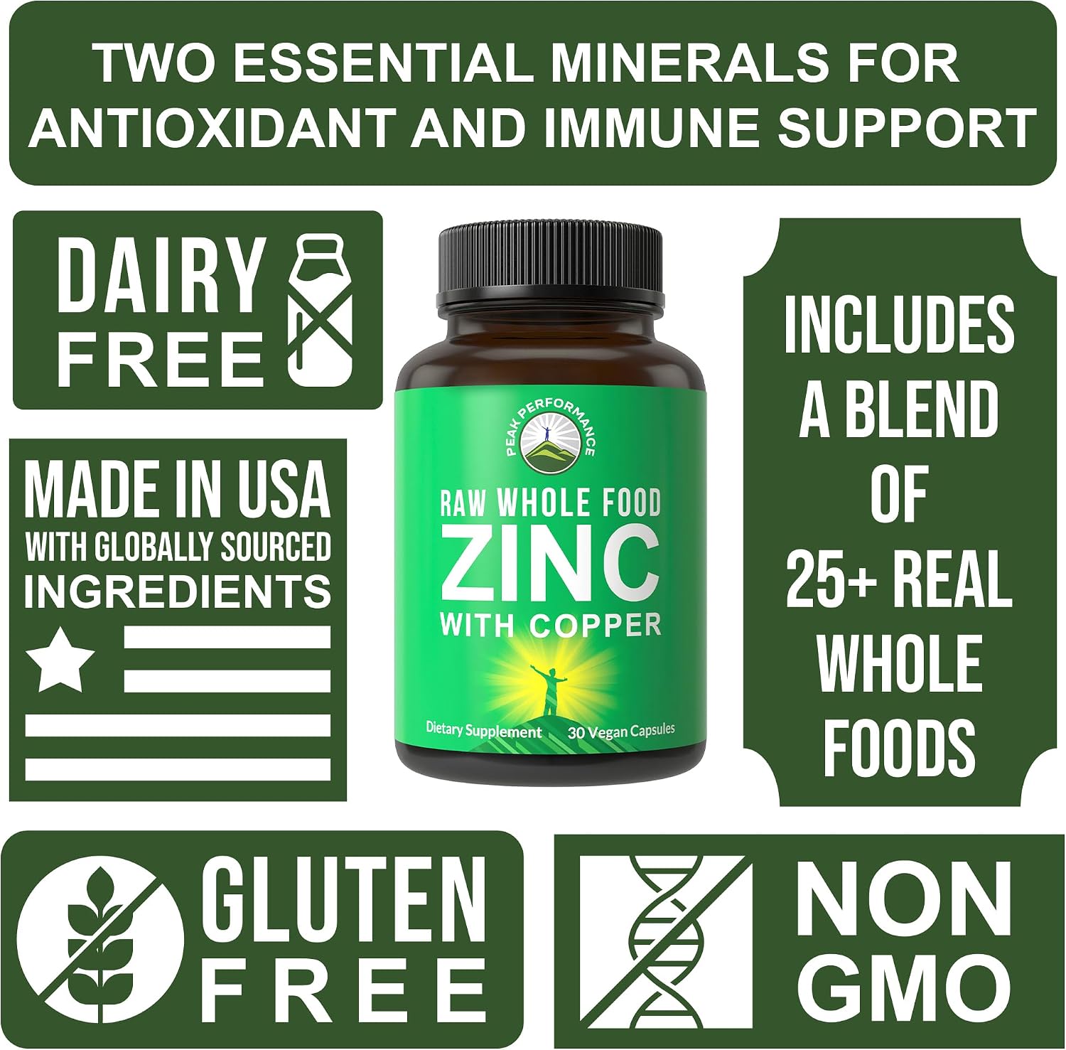 Raw Whole Food Zinc with Copper + 25 Vegetables and Fruit Blend for Max Absorption. Immune Support Supplement Capsules. Two Essential Minerals for Immunity Support Vitamin Pills, Tablets