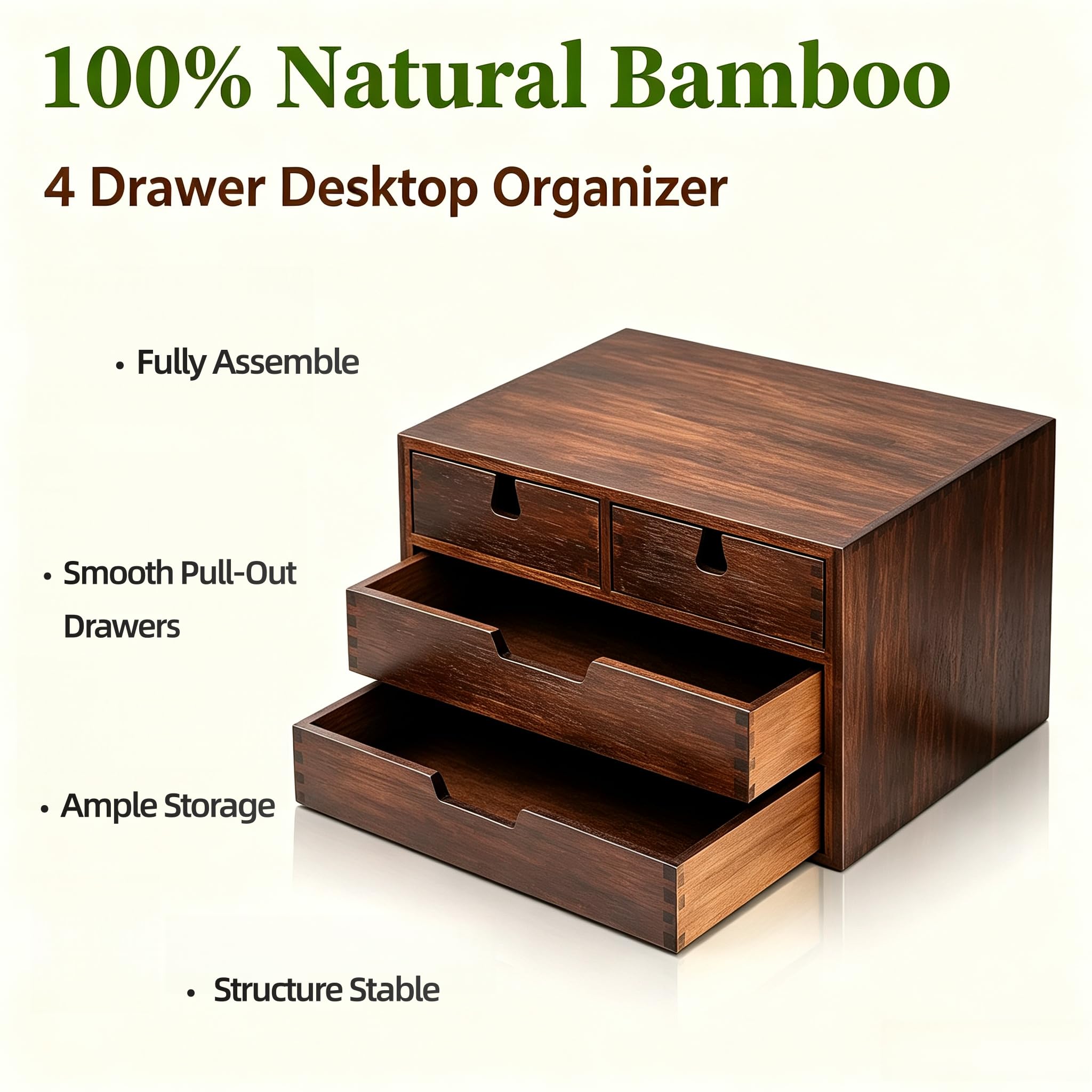 DEAYOU Bambus-Schreibtisch-Organizer, 100% natürlicher Bambus, Schreibtisch-Organizer, dunkelbraune Tisch-Aufbewahrungsbox mit 4 Schubladen für Make-up, Briefe, 3 Ebenen, vollständig montiert
