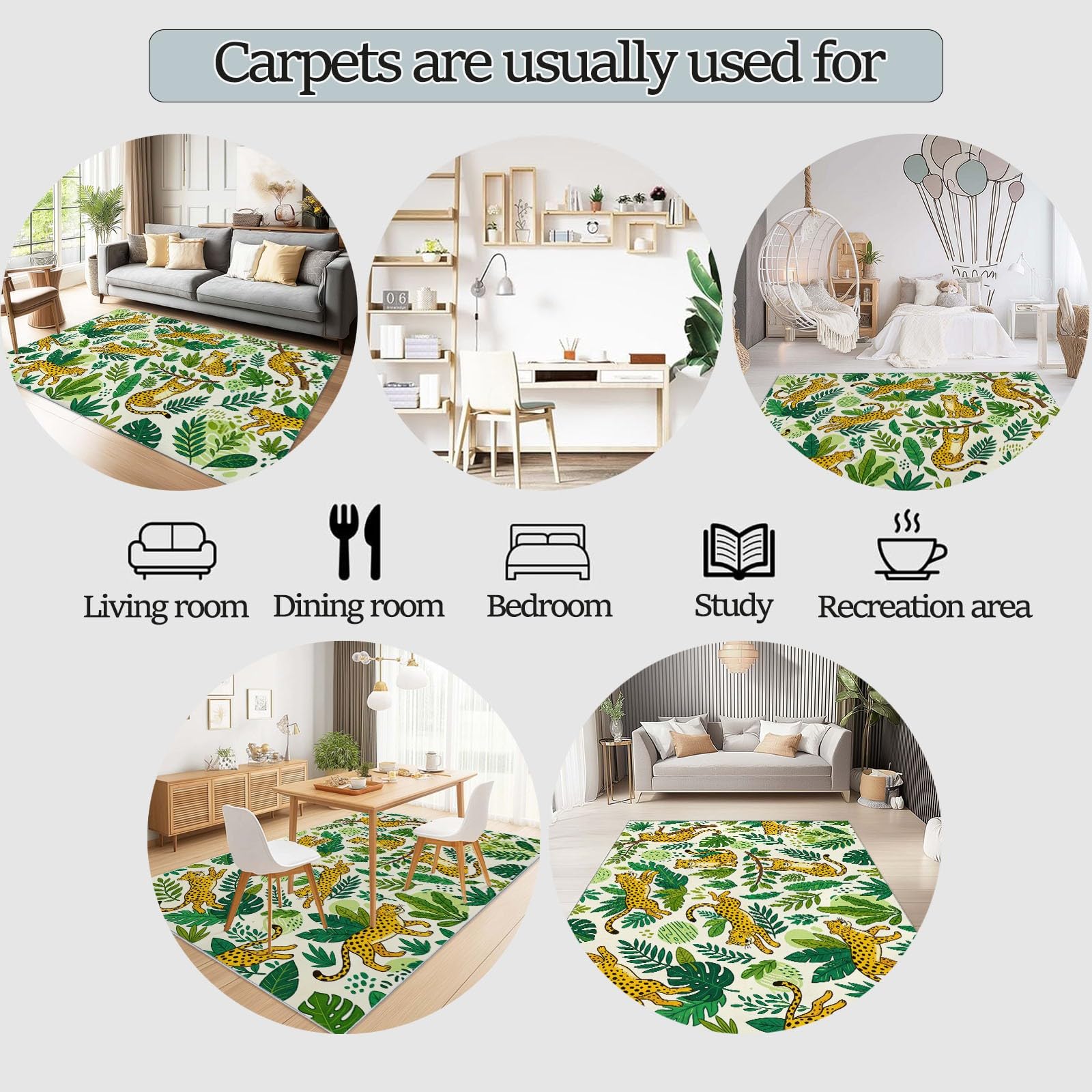 Tropisch Cartoon Leopard Monstera Farnblätter Waschbarer Schlafzimmer Teppich 120 x 170 cm - abwaschbar rutschfest Weich - Teppich für Wohnzimmer Esszimmer Büro Kinderzimmer