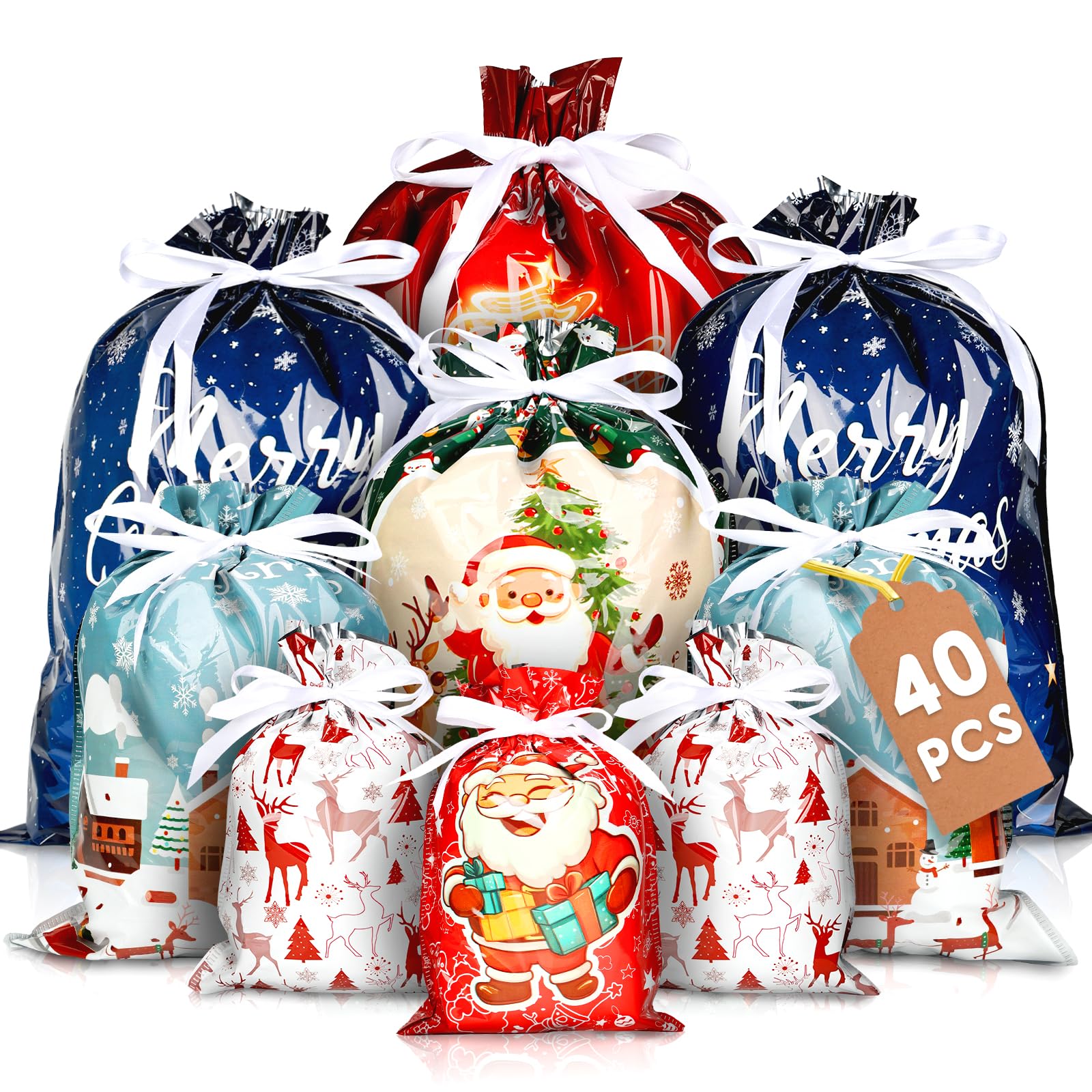 Lot de 40 sacs cadeaux de Noël avec poignées pour emballage de cadeaux de Noël