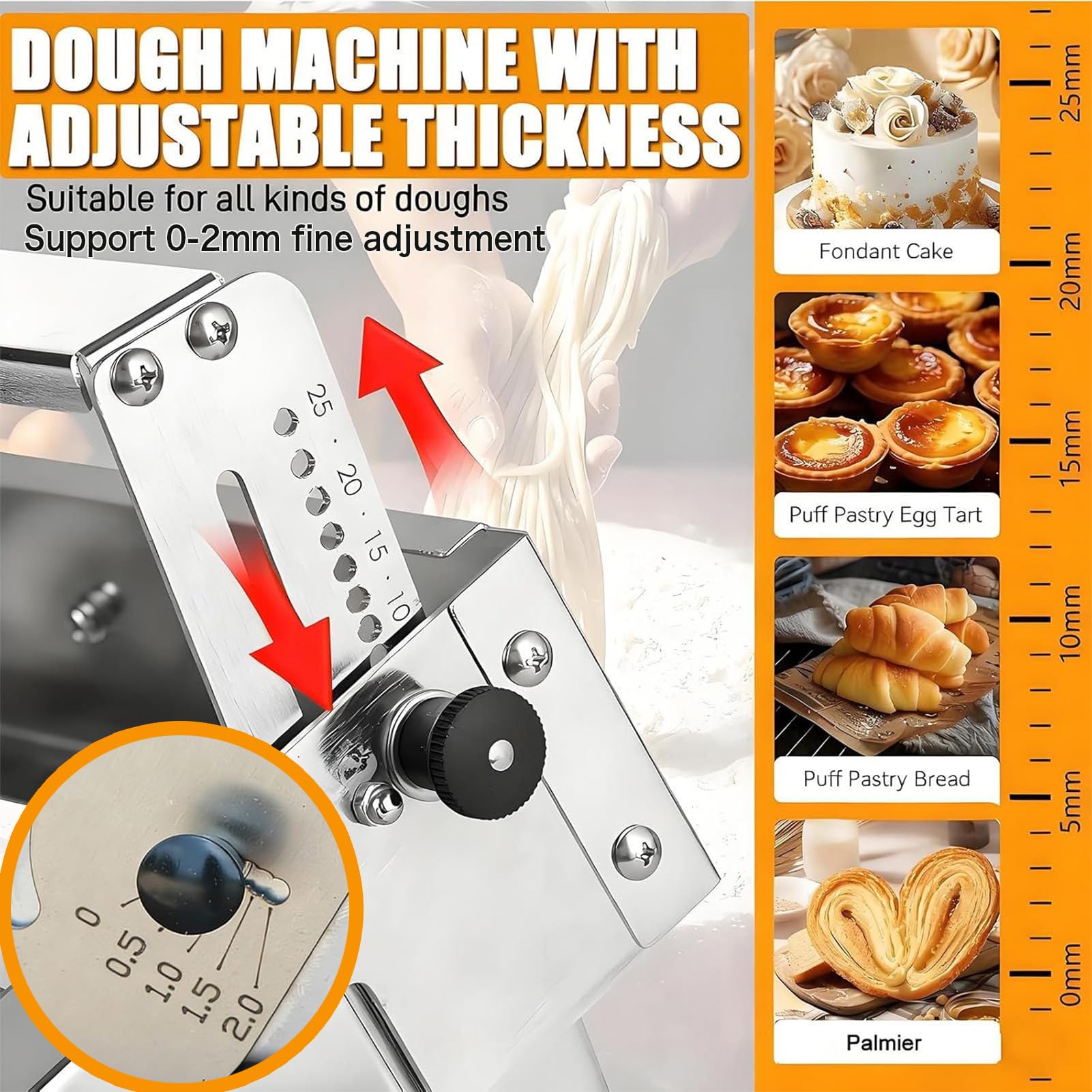 Sfogliatrice Manuale Pieghevole, Sfogliatrice da Banco per Pasticceria Acciaio Inossidabile, Spessori 0-27 mm Regolabili, Pannello 30x60cm/40x90cm, per Pizza, Croissant