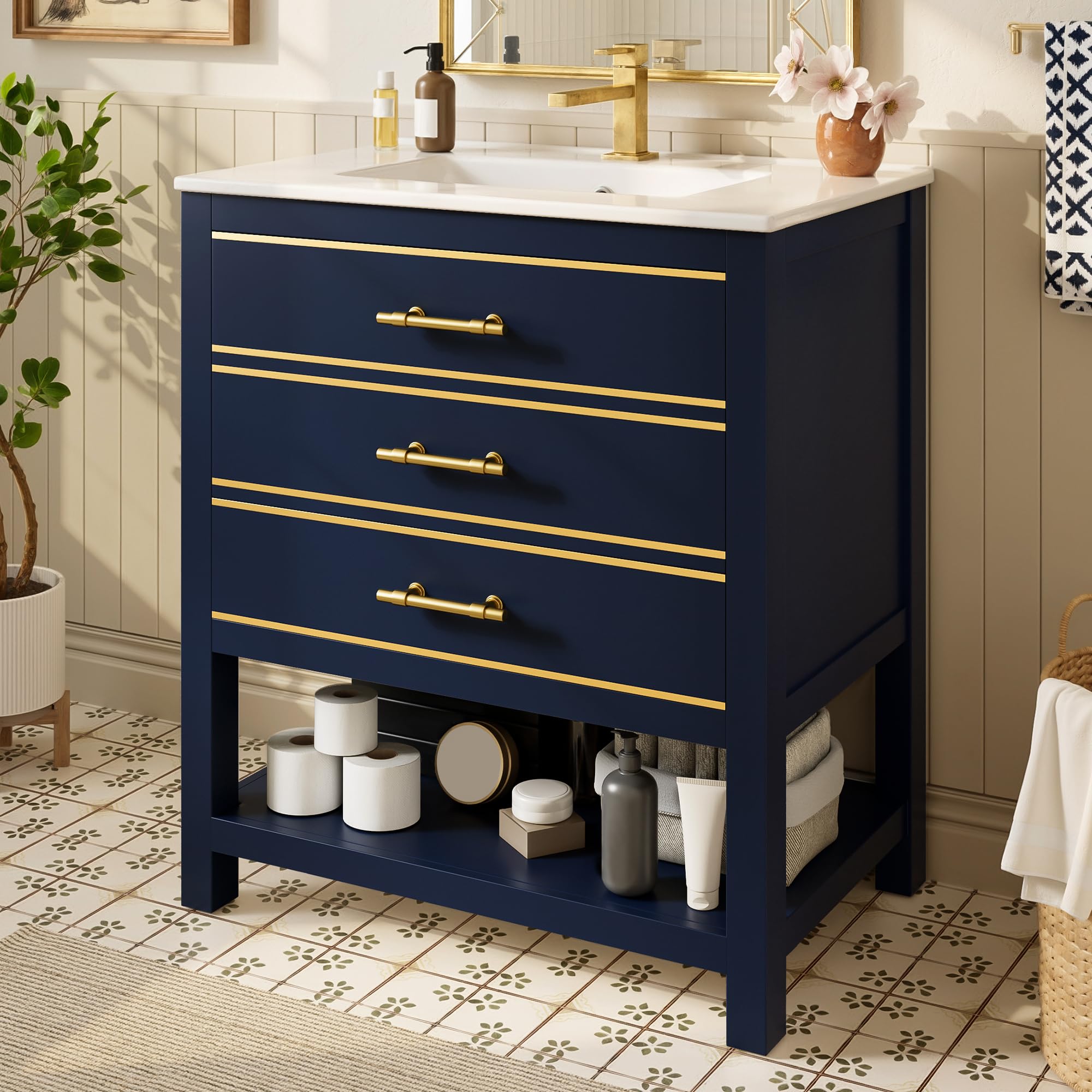 Mueble de baño con lavabo de cerámica negro y azul, 70 x 90 cm, mueble de baño independiente con 2 cajones, compartimento abierto, asas doradas, sin grifería