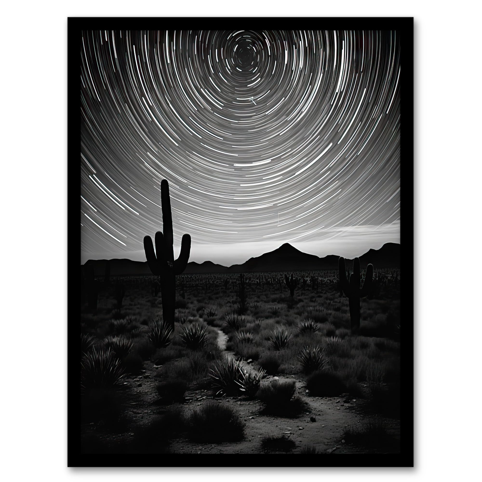 Artery8 Time Lapse Night Sky Star Trails Across The Night Sky Black White Desert Cactus Artwork Framed Wall Art Print A4