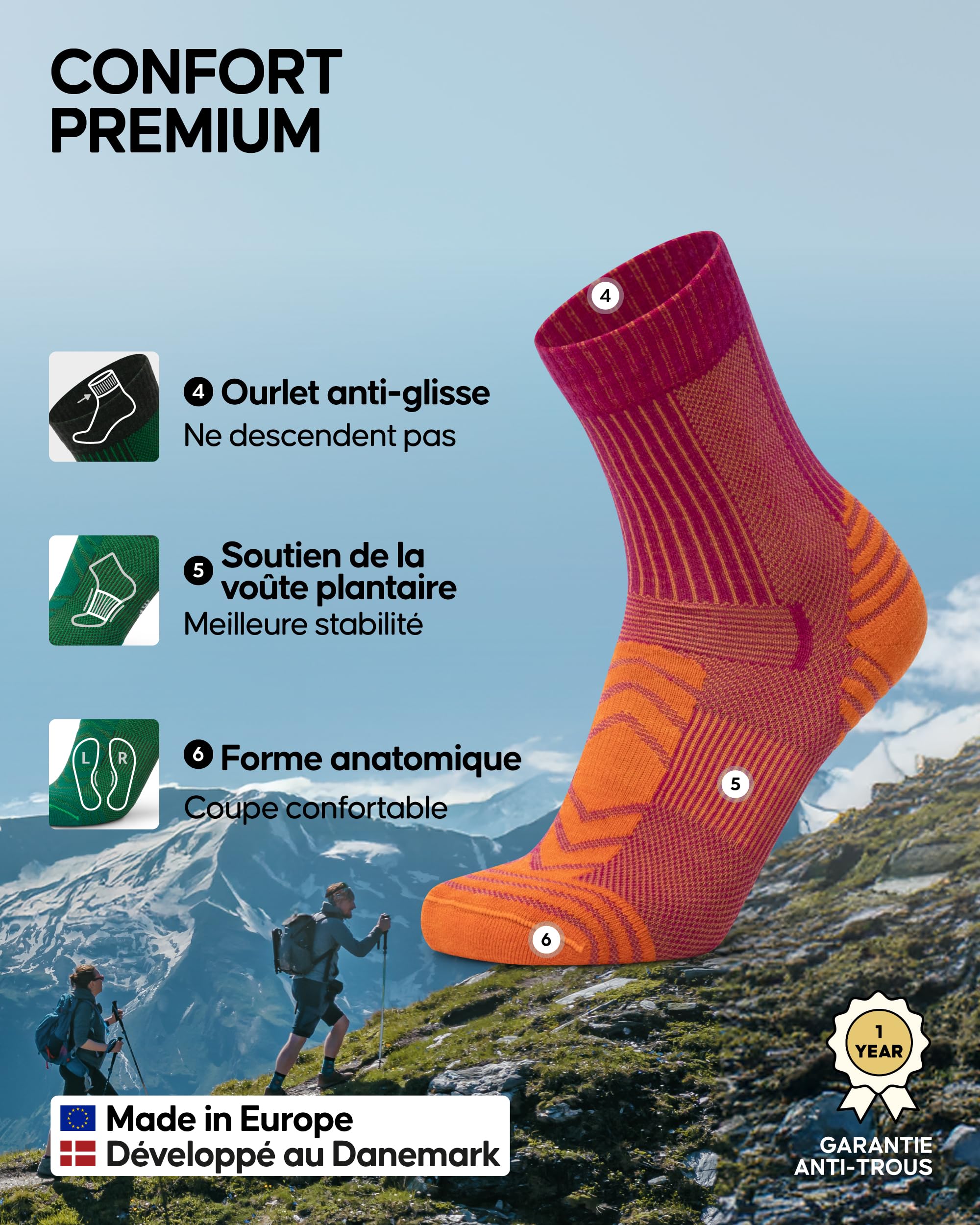 DANISH ENDURANCE Chaussettes de Randonnée en Laine Mérinos Légères Anti-Ampoules Unisexe
