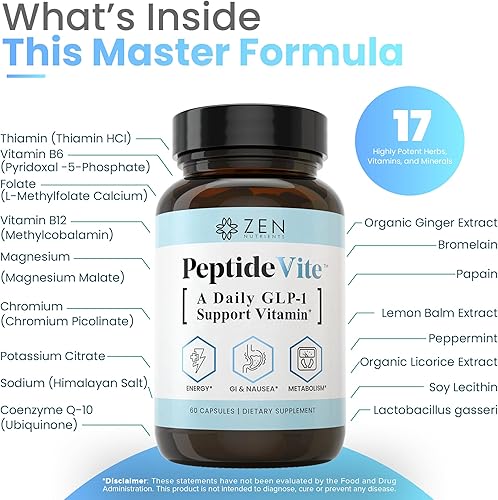 Miniatura 2 de Zen Nutrients PeptideVite GLP-1 Vitamina de apoyo para la salud intestinal con probióticos, bromelina, picolinato de cromo y jengibre orgánico (60