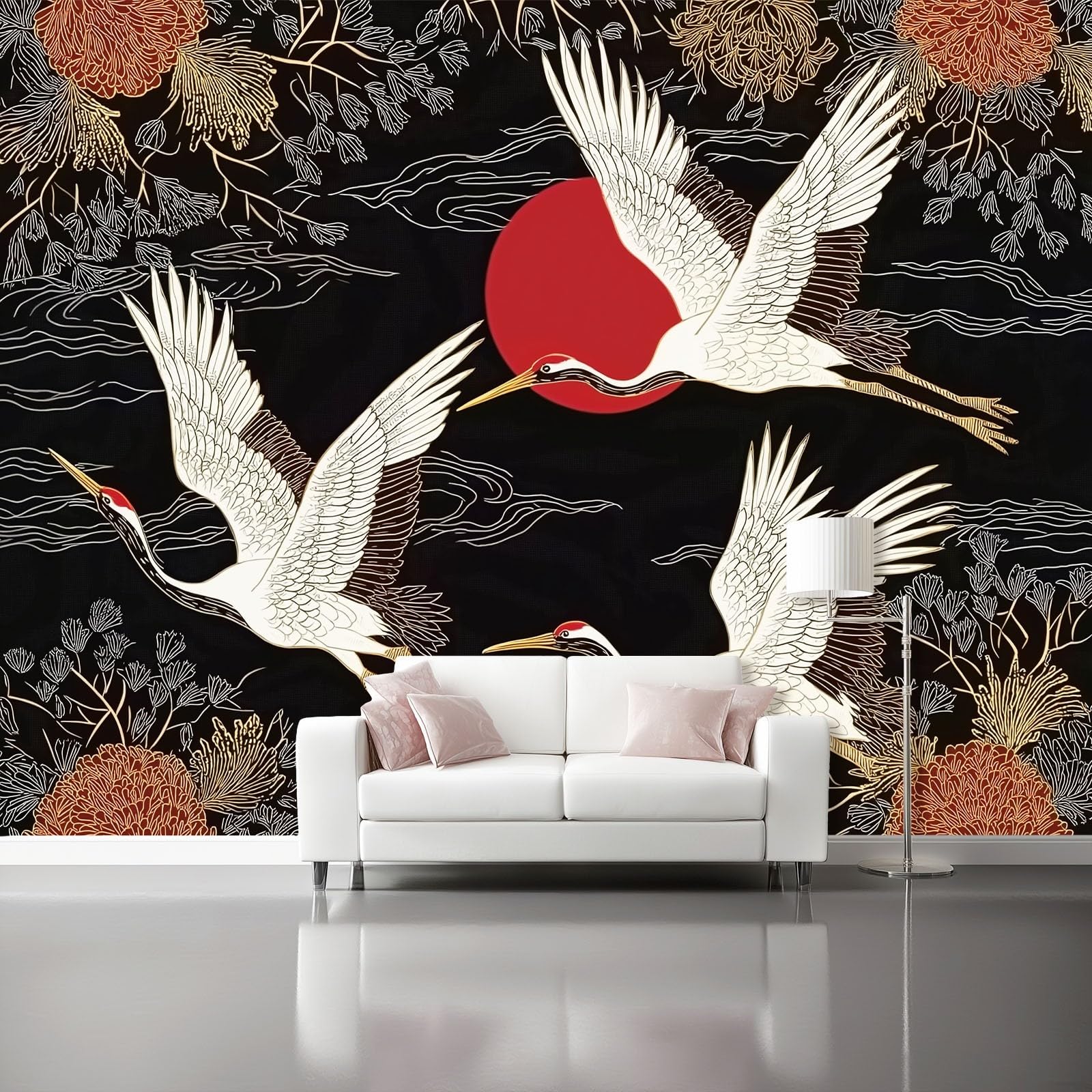 Tapeta z włókniny, 350 x 256 cm, japoński styl latający ptak, dekoracja ścienna do dużego pokoju młodzieżowego, srebrno-złoty