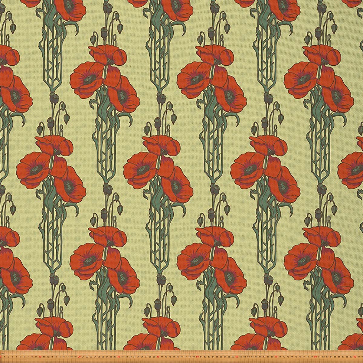 Poppy Flower Fabric by The Yard,Vintage Style Flower Branches Upholstery Fabric for Chairs,Retro Botanical Fabric for Upholstery and DIY Projects,10 Yards,(L920*W150cm) Red Yellow — image 1