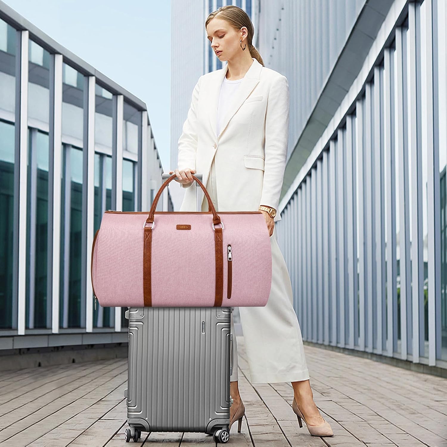 Convertible Garment Duffle Bags for Travel - Carry On Garment Bags With Toiletry Bag, Large Weekender Bags for Women Men 2 in 1 Hanging Suitcase Suit Travel Duffel Bags (2pcs Set, Pink)