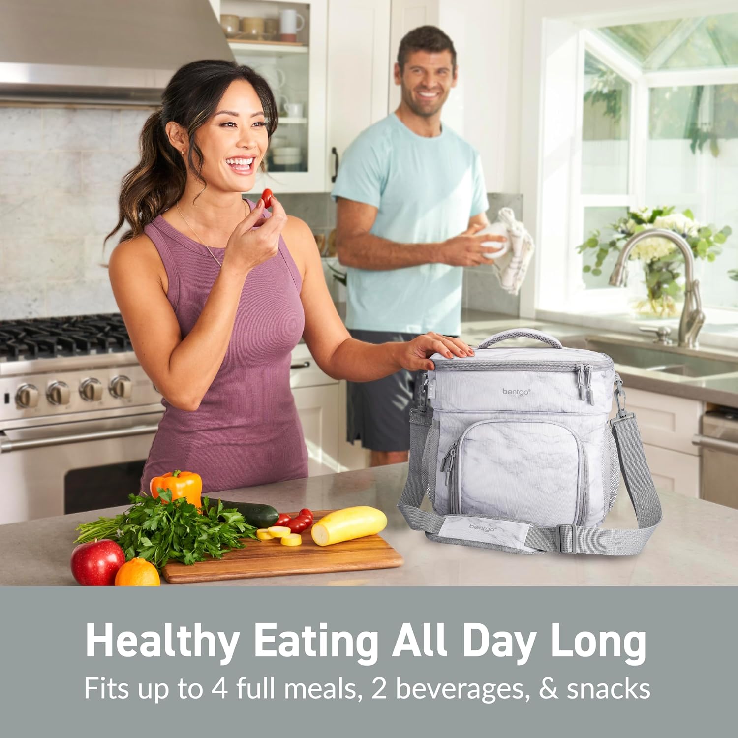 Bentgo Prep Deluxe Insulated Multimeal Bag - Lunch Box Bag, Holds 5 Meals, Premium Insulation up to 8 Hrs, Durable, Water-Resistant - Large Capacity For Adult Meal Prep (White Marble) | Keeps Food Hot or Cold Up to 8 Hours, Water-Resistant, Dual Compartments (White Marble)