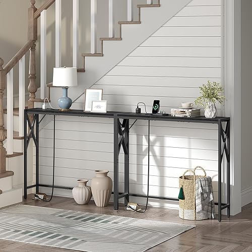 Miniatura 5 de CTBK152E01S2 - Mesa de sofá estrecha de 70.8 pulgadas con estación de carga, paquete de 2 mesas de consola delgadas, mesa larga para pasillo de