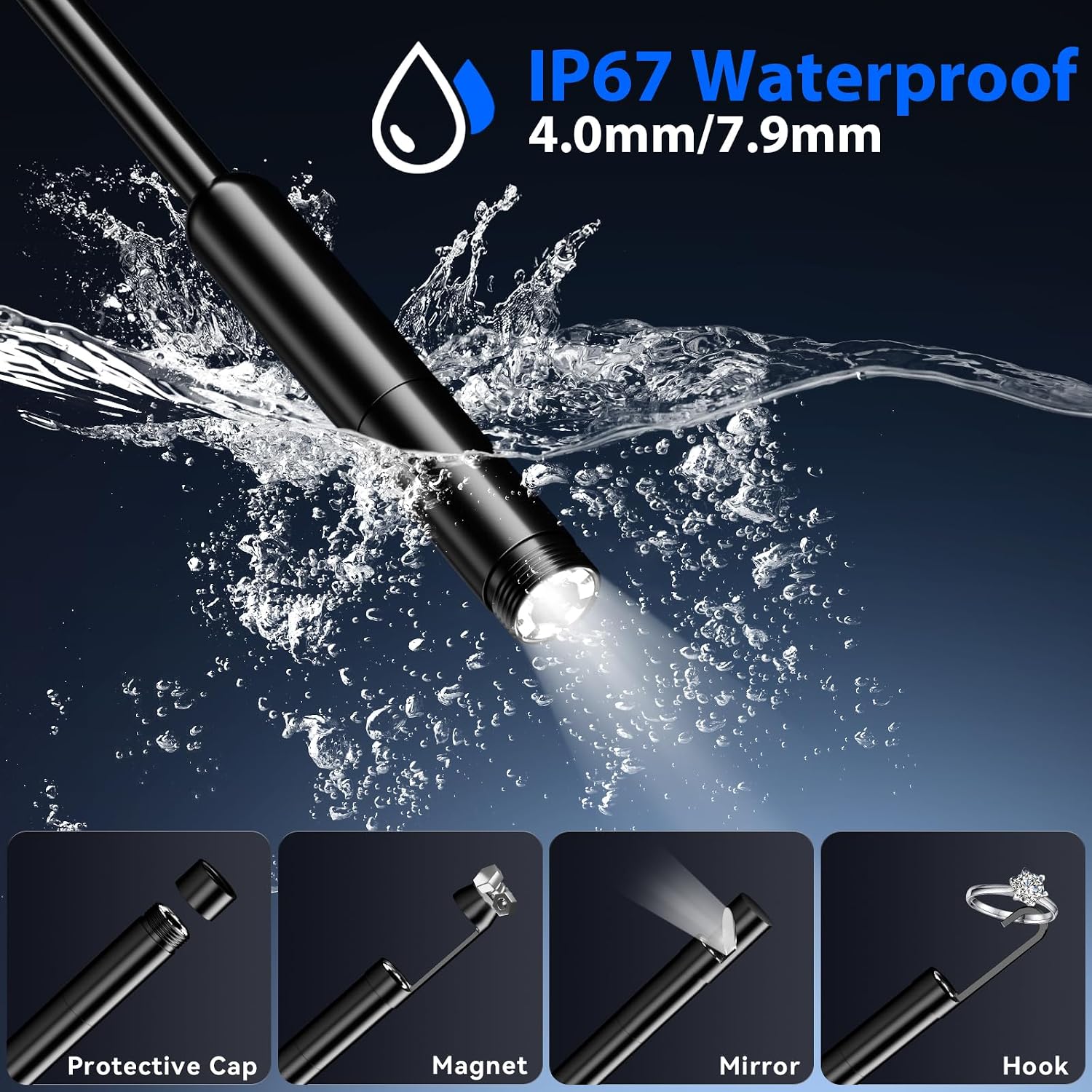 Endoscope Camera with Light, 1920P HD Borescope Tools with 8 Adjustable LED Lights, 32.8FT Semi-Rigid Snake Cord IP67 Waterproof Inspection Camera for iPhone, iPad, iOS and Android Phone image 4