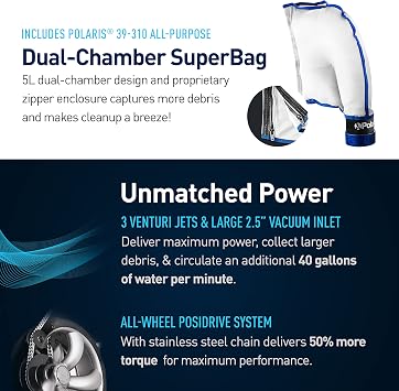 منظف حمامات السباحة الأرضية بالضغط Polaris Vac-Sweep P39، يعمل بالطاقة النفاثة الثلاثية، مع حقيبة SuperBag مزدوجة الغرفة للحطام