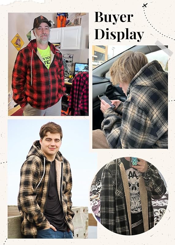 Elesuit Mens Zip Hoodie Jacket Flannel Fleece Plaid Shirt Hood Grey M image 7
