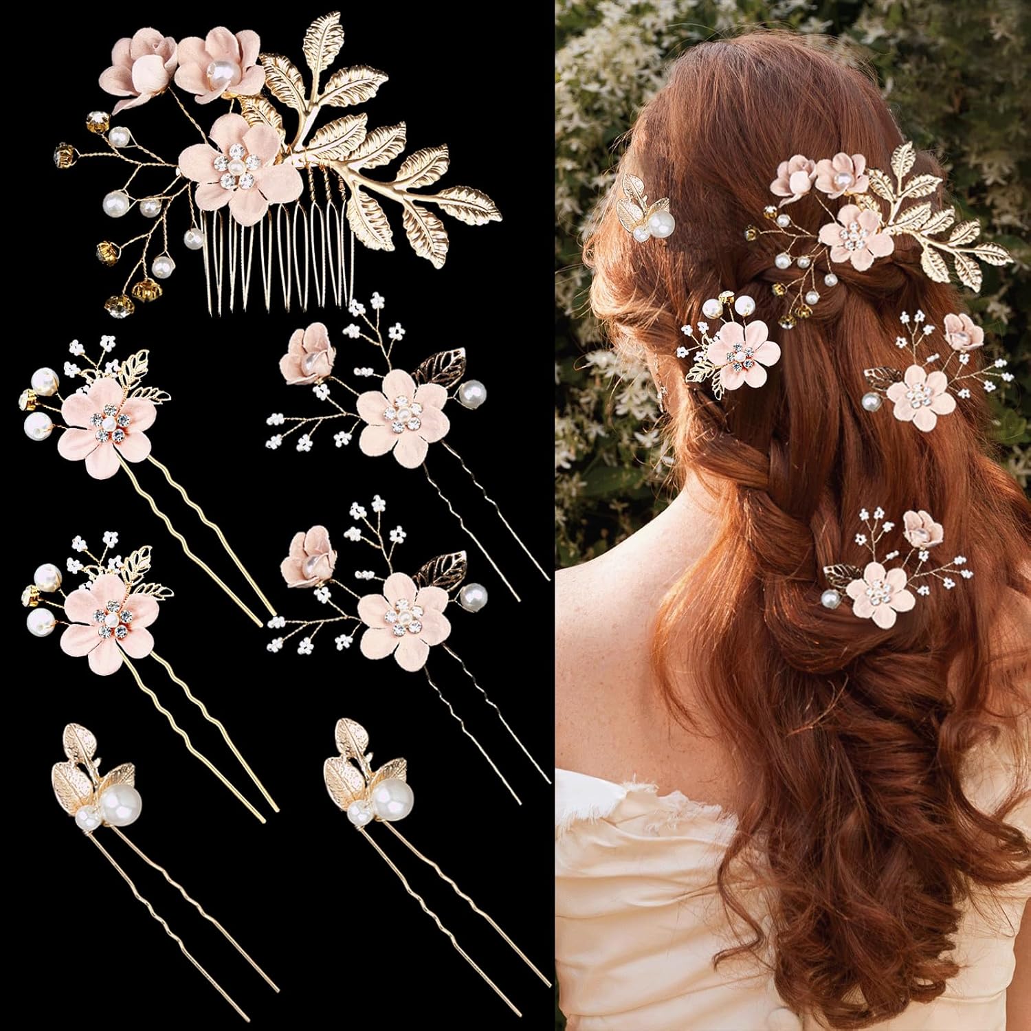 7 PCS Bridal Flower Wedding Hair Clips Crystal Pearl Hair Pins Headpiece Side Bridal Comb Gold Wedding Hair Accessories Jewelry for Brides Bridesmaids Women Girls Updo(Pink)