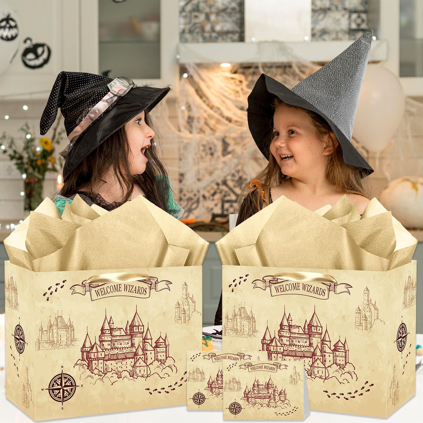 Magical Wizard Gift Bag, Large Wizard Theme Birthday Gift Bag, with Card and Tissue Paper, Christmas Party Favors Supplies for Baby Shower, Kids, Boys, Girls, Birthday, Christmas Celebrations