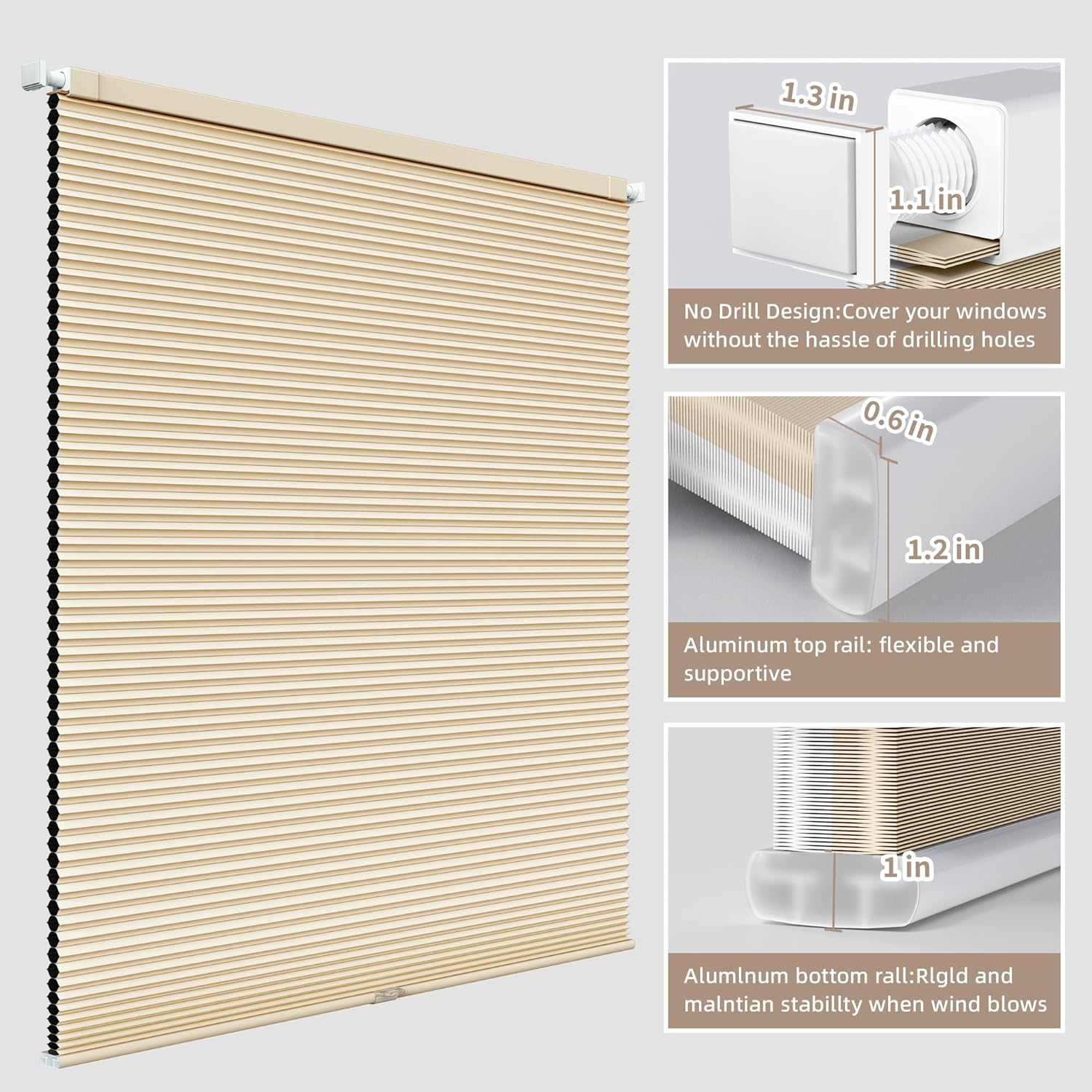No Drill Cellular Shades for Indoor Window, Cordless No Tool Honecomb Blinds with Blackout, Thermal Insulated Noise Reduction, Easy Install for Home, Office, Khaki, 34" W x 56" H